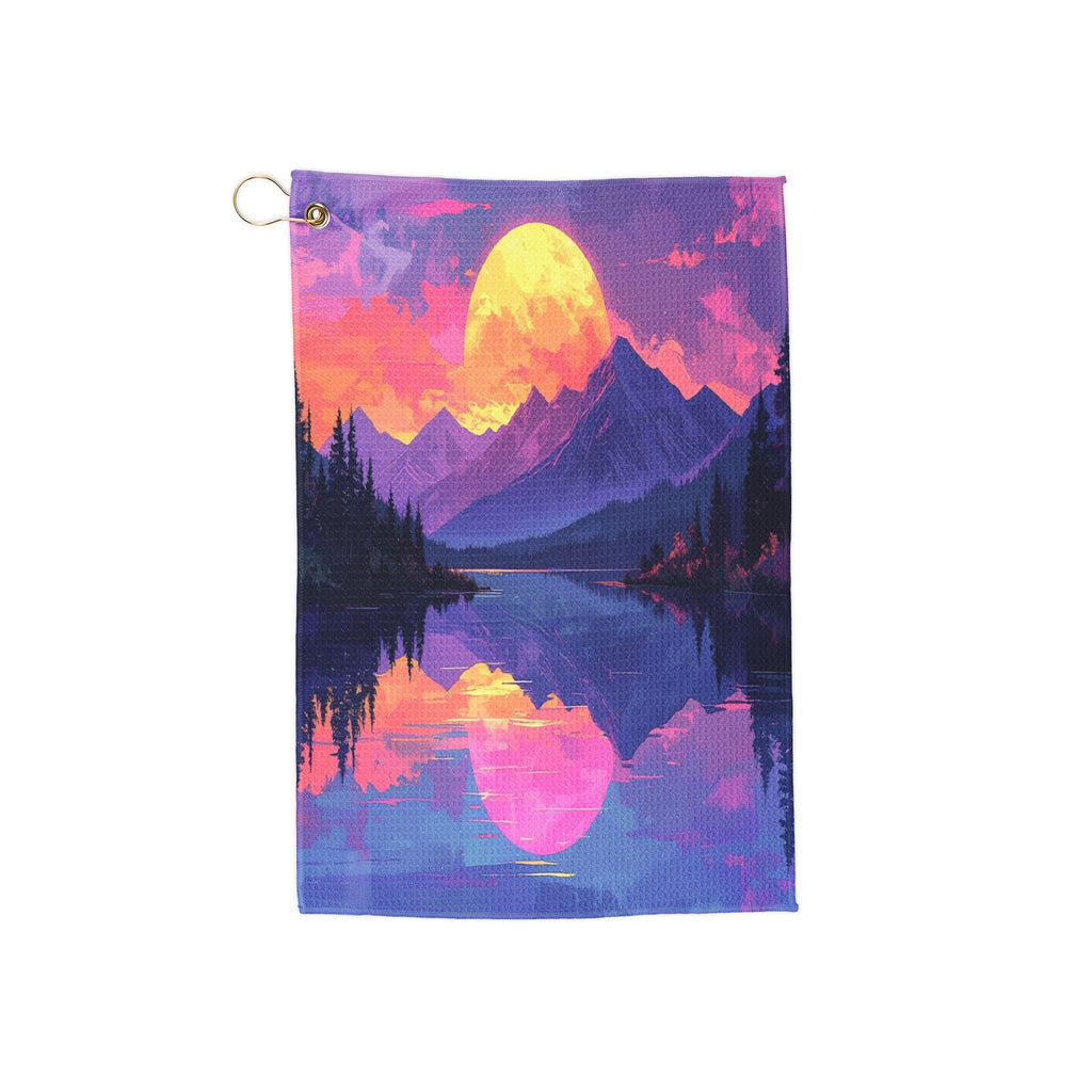 Ethereal Horizons: Mountain Sunset Digital Art, Psychedelic Landscape Reflection -  L'Art Golf Towel