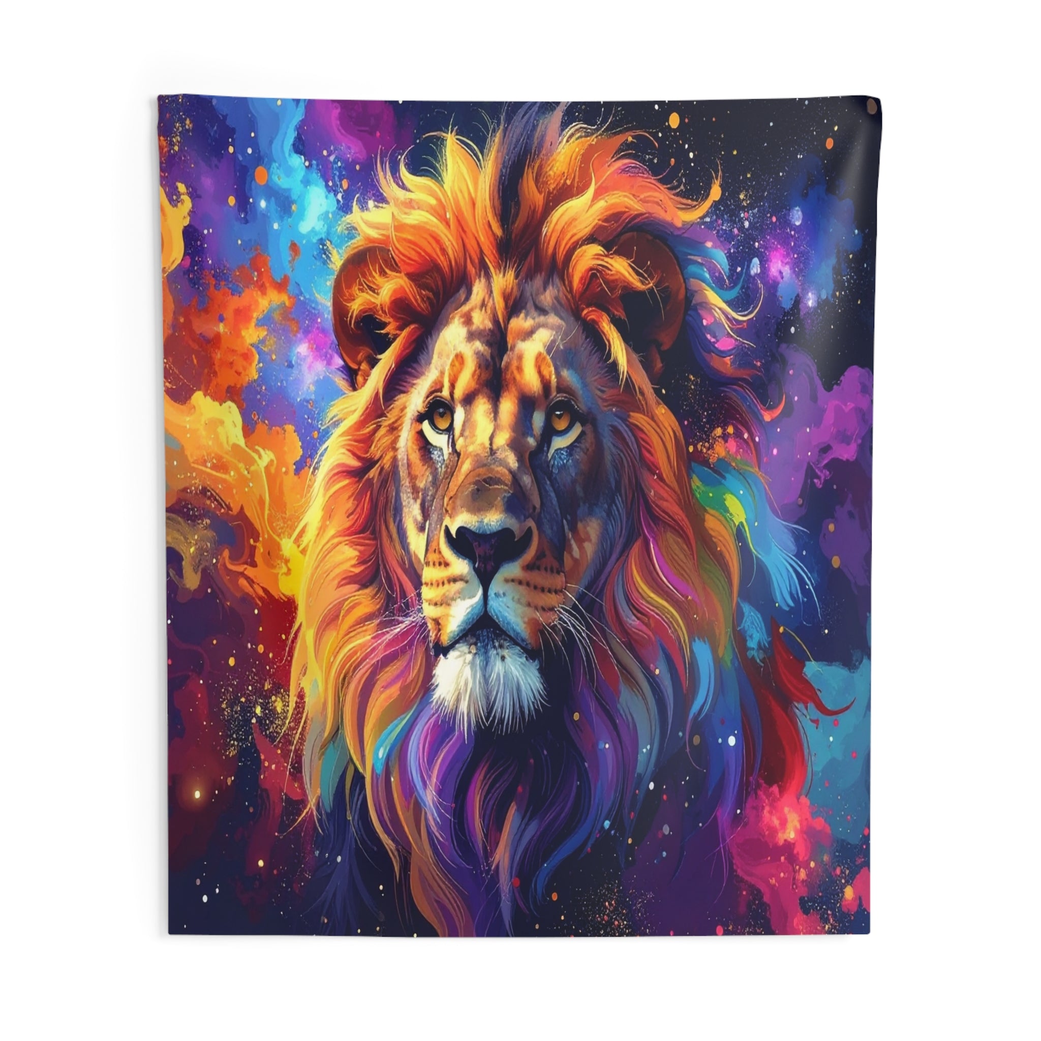 Cosmic Mane: Celestial Lion Portrait, Digital Cosmic Art, Vibrant Color Explosion - L'Art Tapestry