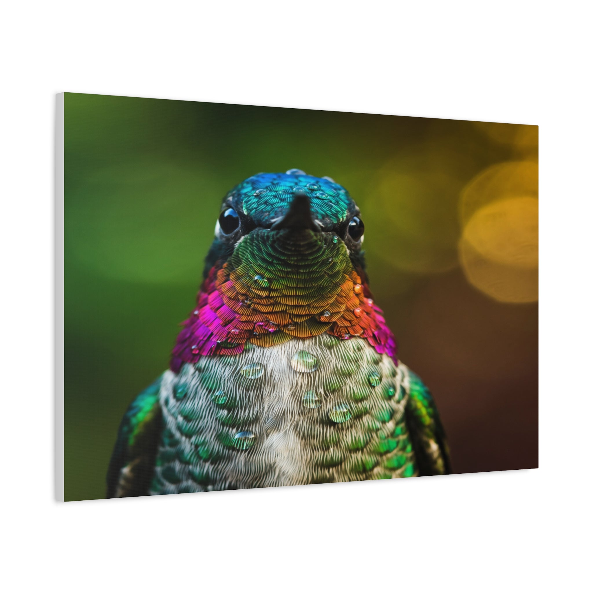 Iridescent Whispers: Hummingbird in Vibrant Plumage, Close-Up Nature Photography - L’Art Suprême Canvas