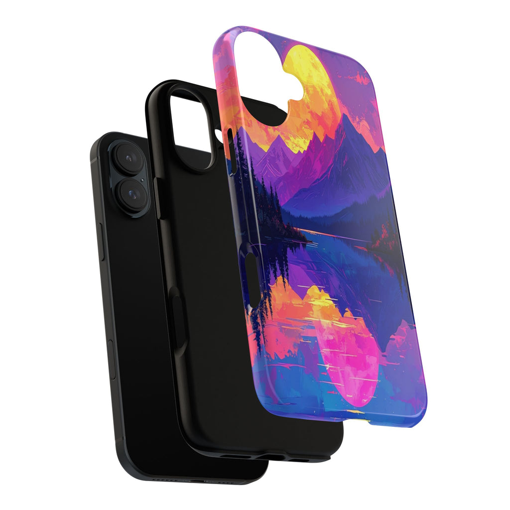 Twilight's Reflective Embrace: Mountain Synthwave Landscape, Digital Sunset Panorama - L’Art Suprême Phone Case