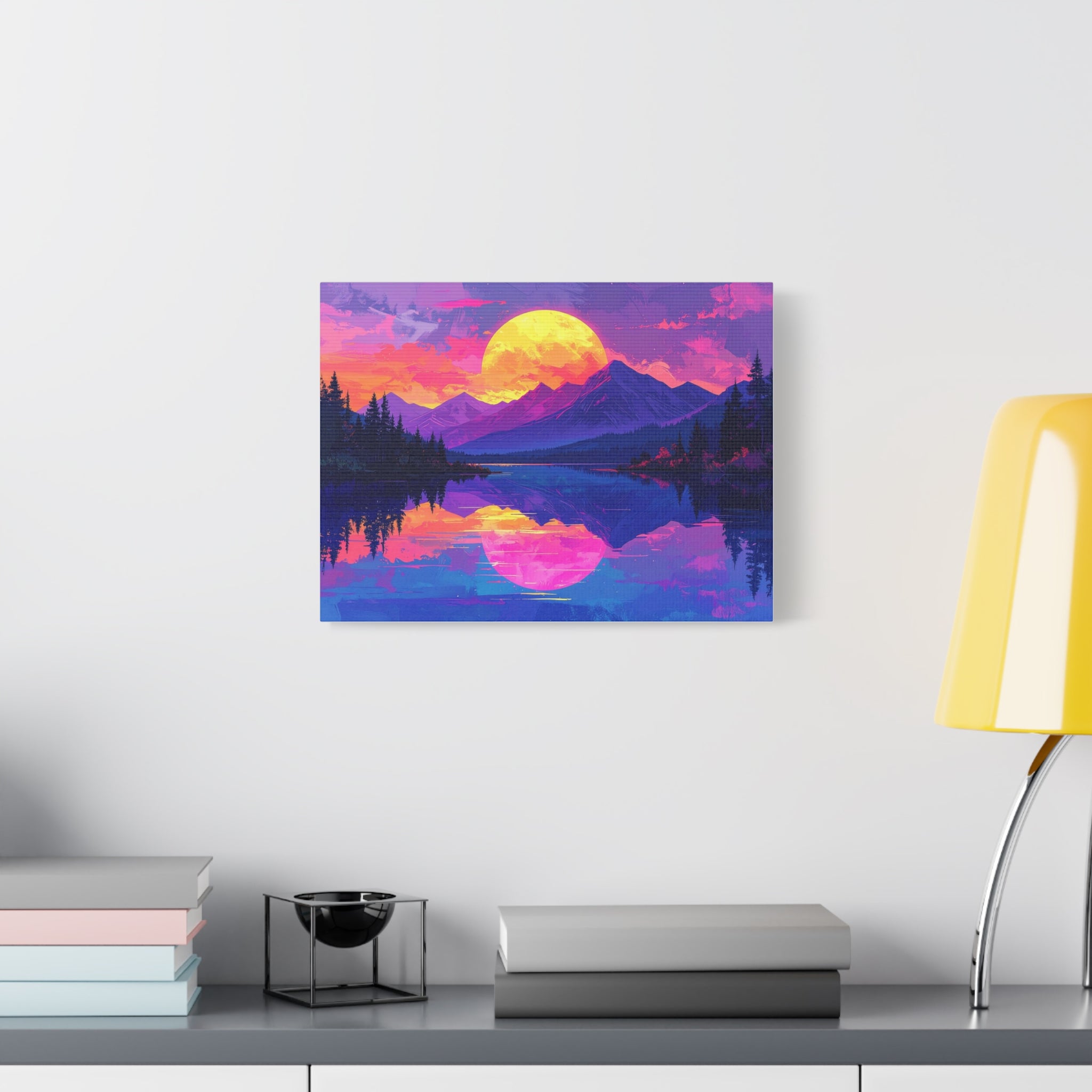 Twilight Symmetry: Neon Mountain Landscape, Vaporwave Digital Art - L’Art Suprême Canvas