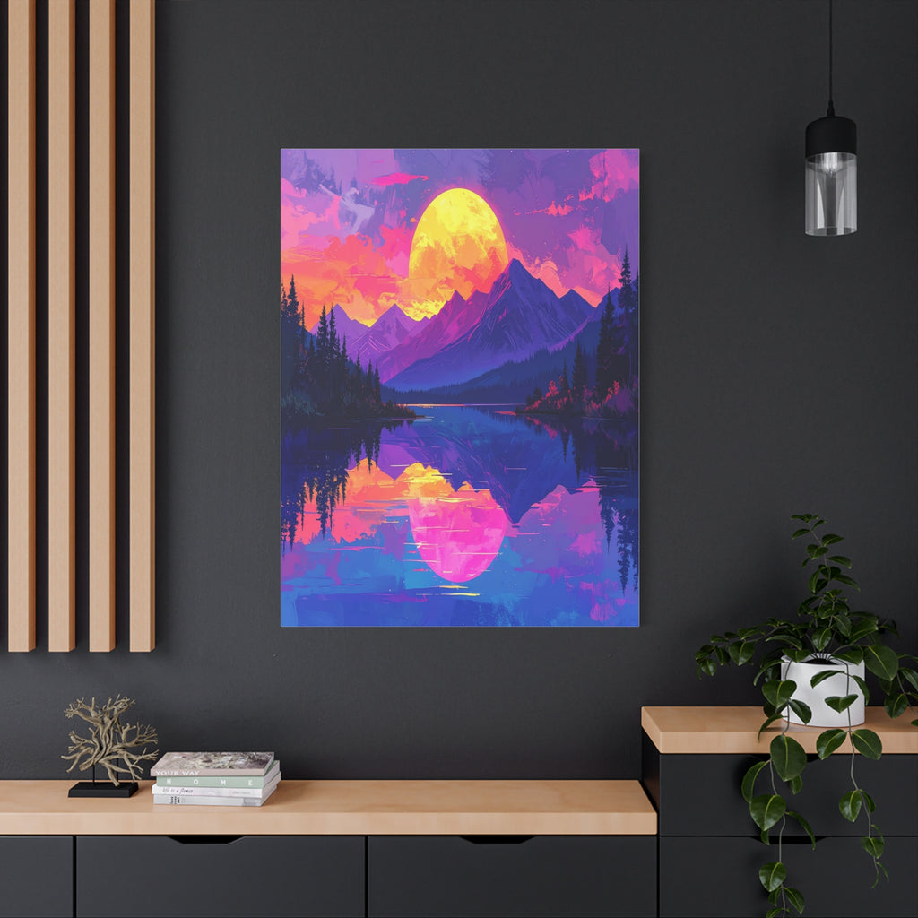 Twilight Symmetry: Neon Mountain Landscape, Vaporwave Digital Art - L’Art Suprême Canvas