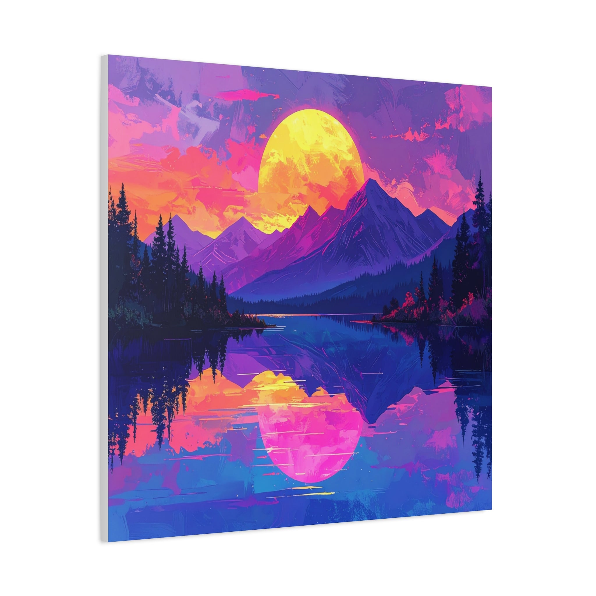 Twilight Symmetry: Neon Mountain Landscape, Vaporwave Digital Art - L’Art Suprême Canvas