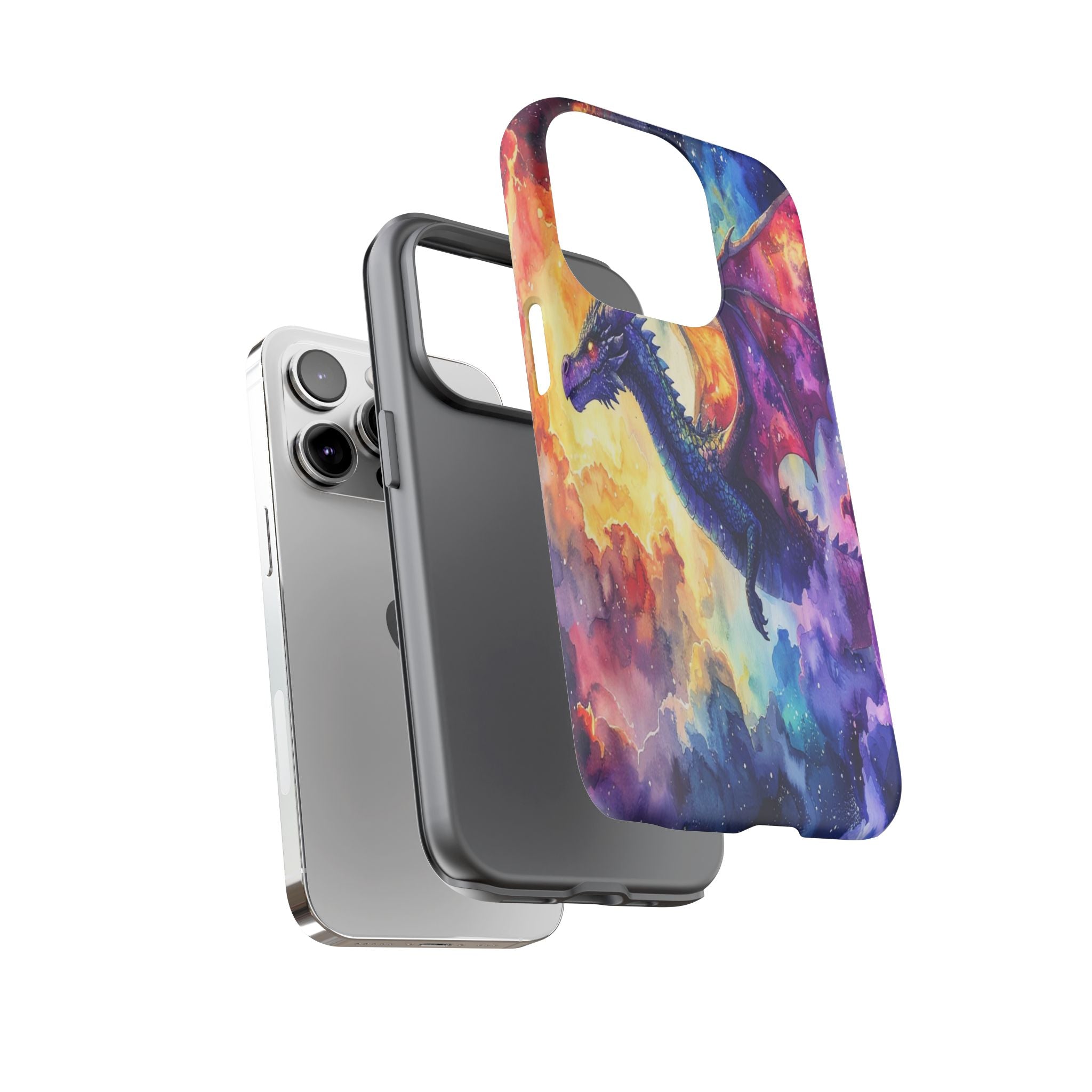 Celestial Dragons' Ascent: Watercolor Fantasy Artwork, Cosmic Nebula Landscape - L’Art Suprême Phone Case
