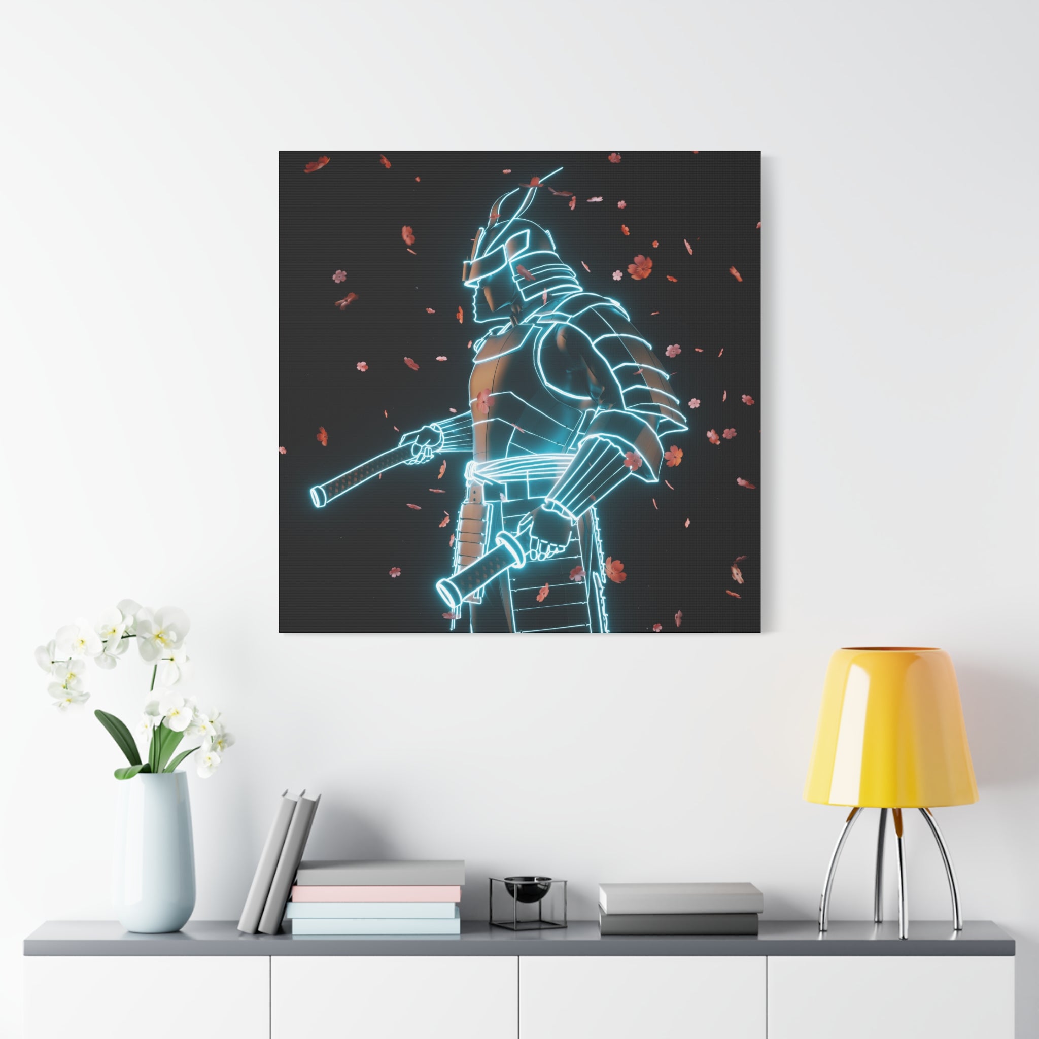 Neon Samurai: Digital Warrior, Cyberpunk Fusion, Glowing Wireframe Armor - L’Art Suprême Canvas