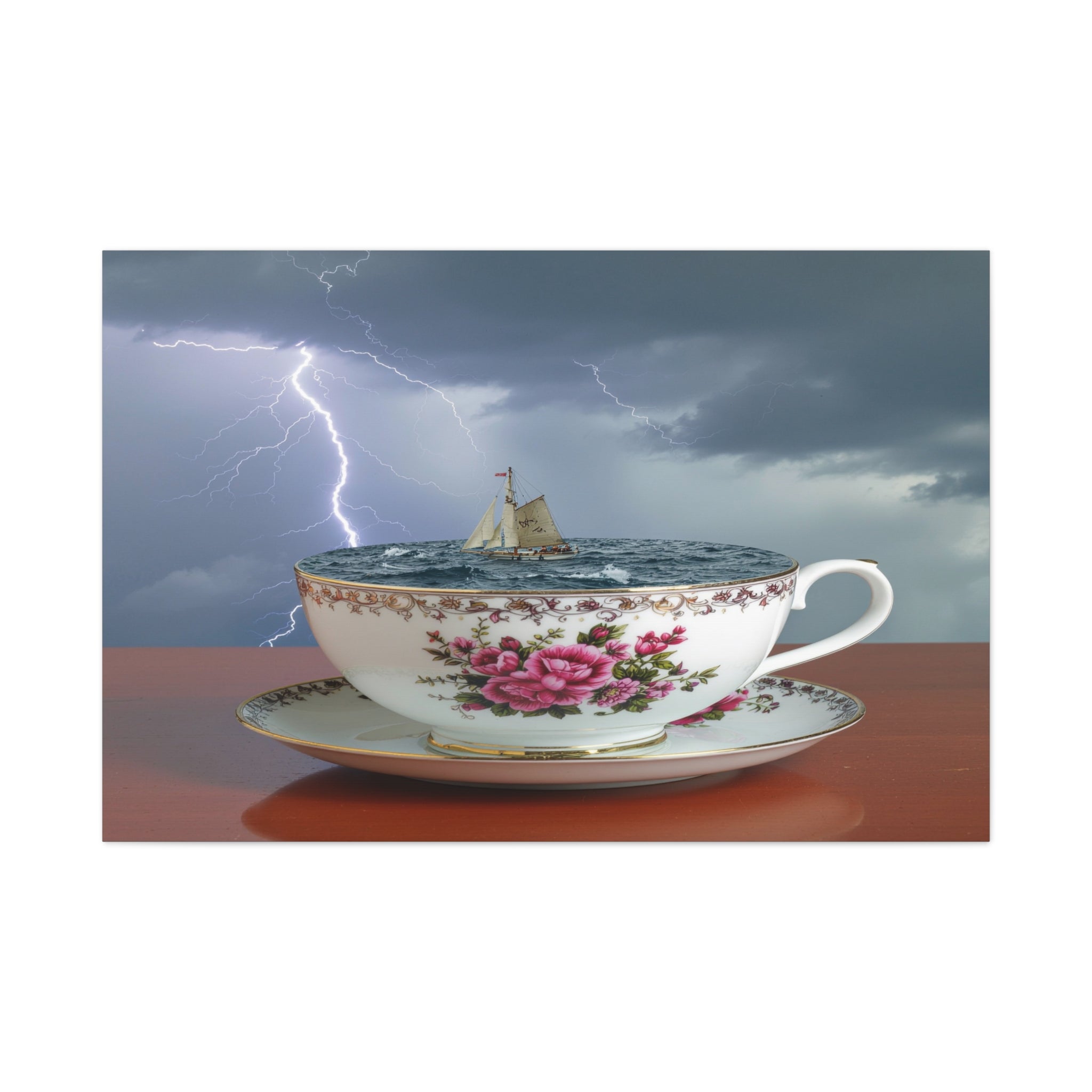 Tempest in a Teacup: Surreal Maritime Digital Art, Porcelain Seascape Narrative - L’Art Suprême Canvas