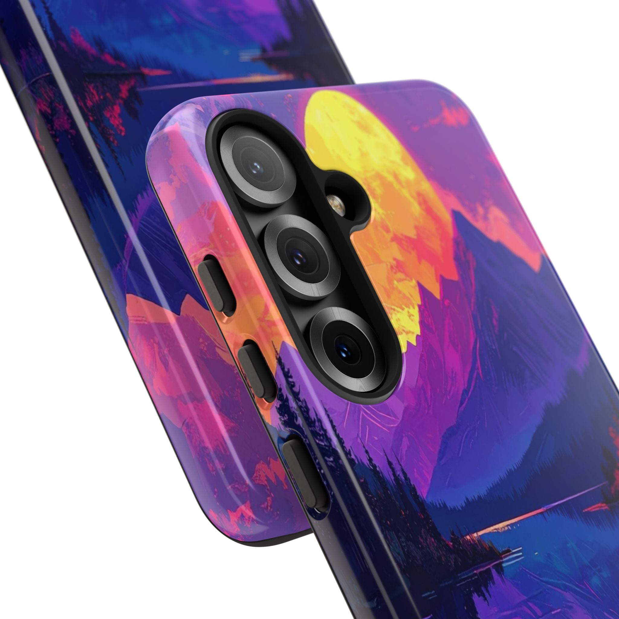 Twilight's Reflective Embrace: Mountain Synthwave Landscape, Digital Sunset Panorama - L’Art Suprême Phone Case