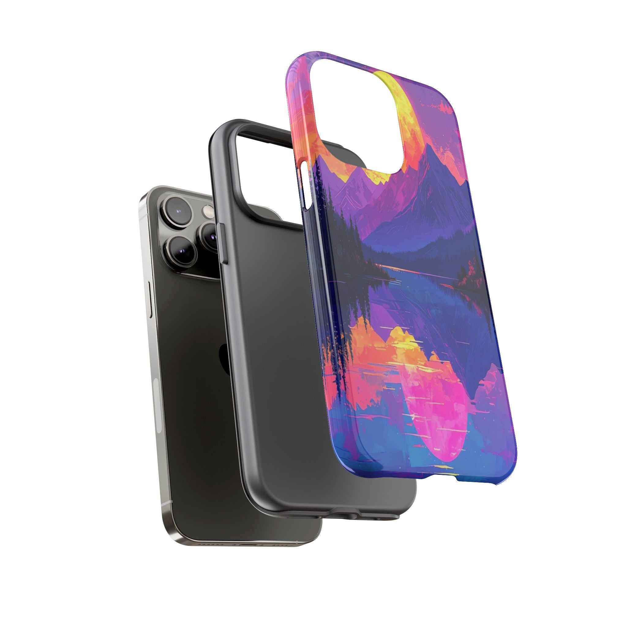Twilight's Reflective Embrace: Mountain Synthwave Landscape, Digital Sunset Panorama - L’Art Suprême Phone Case