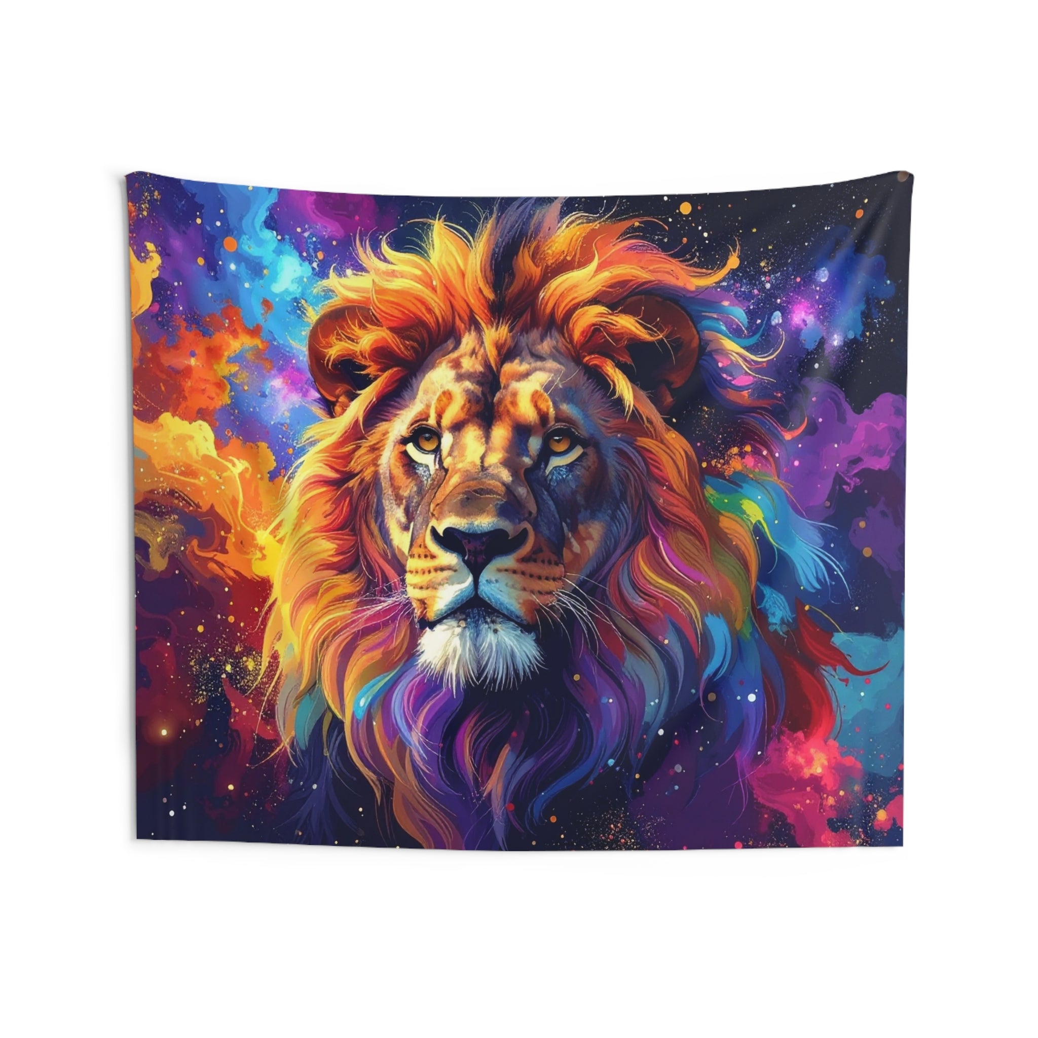 Cosmic Mane: Celestial Lion Portrait, Digital Cosmic Art, Vibrant Color Explosion - L'Art Tapestry