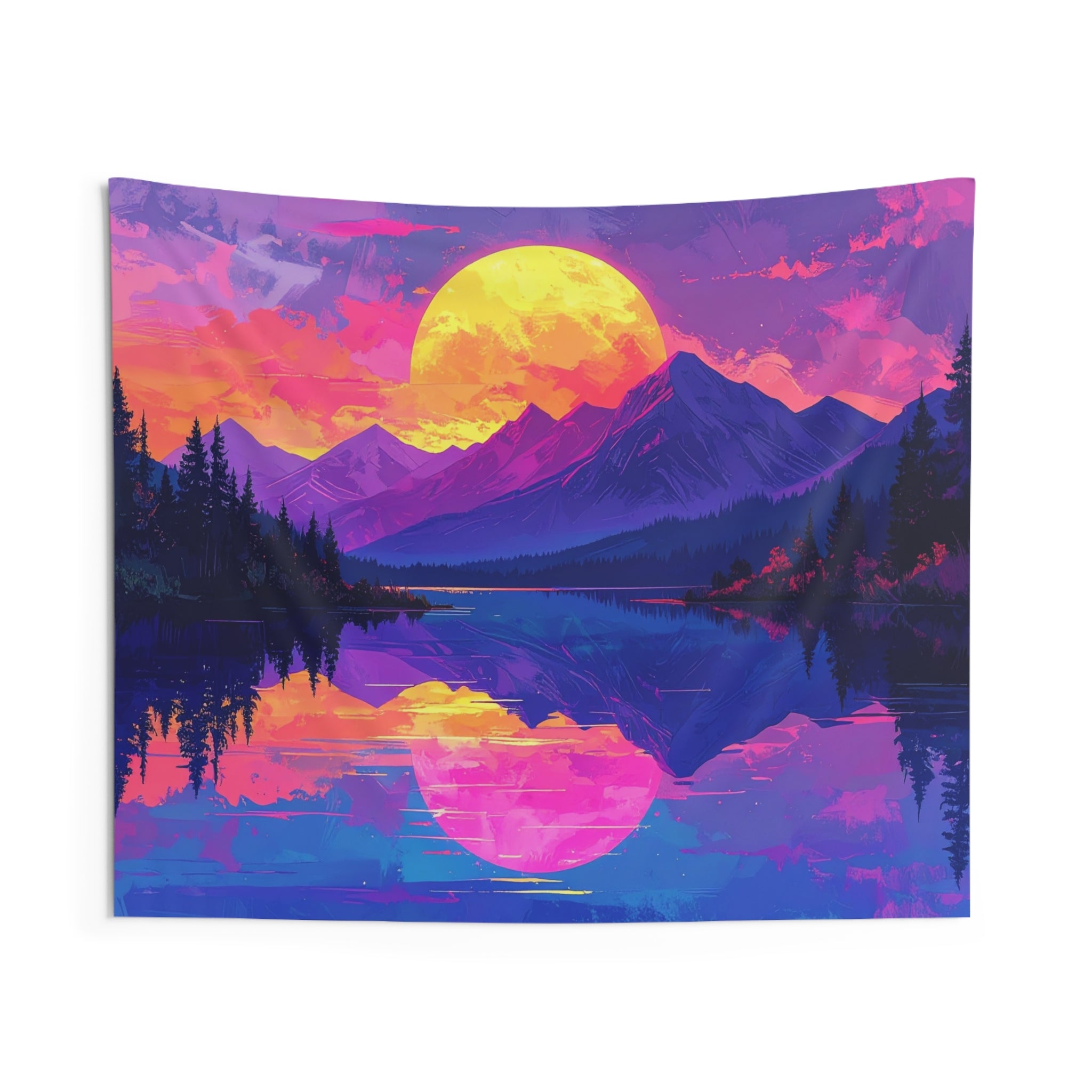 Sunset Symphony: Digital Mountain Dreamscape, Psychedelic Nature Illustration - L'Art Tapestry