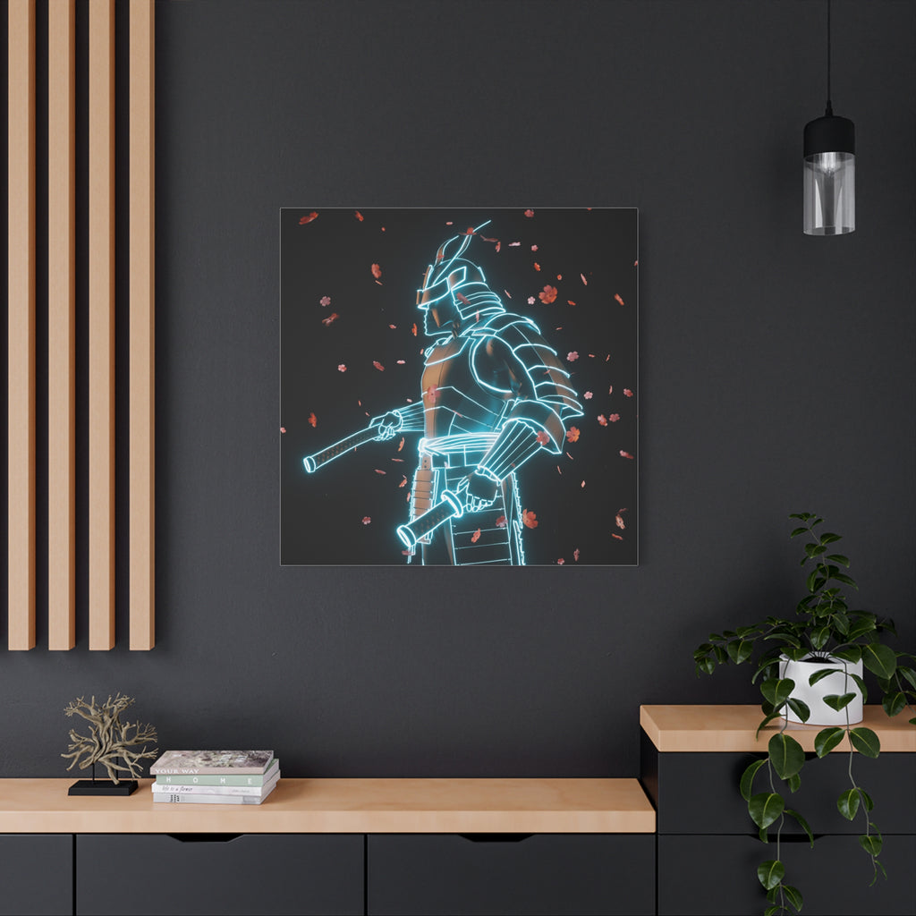 Neon Samurai: Digital Warrior, Cyberpunk Fusion, Glowing Wireframe Armor - L’Art Suprême Canvas