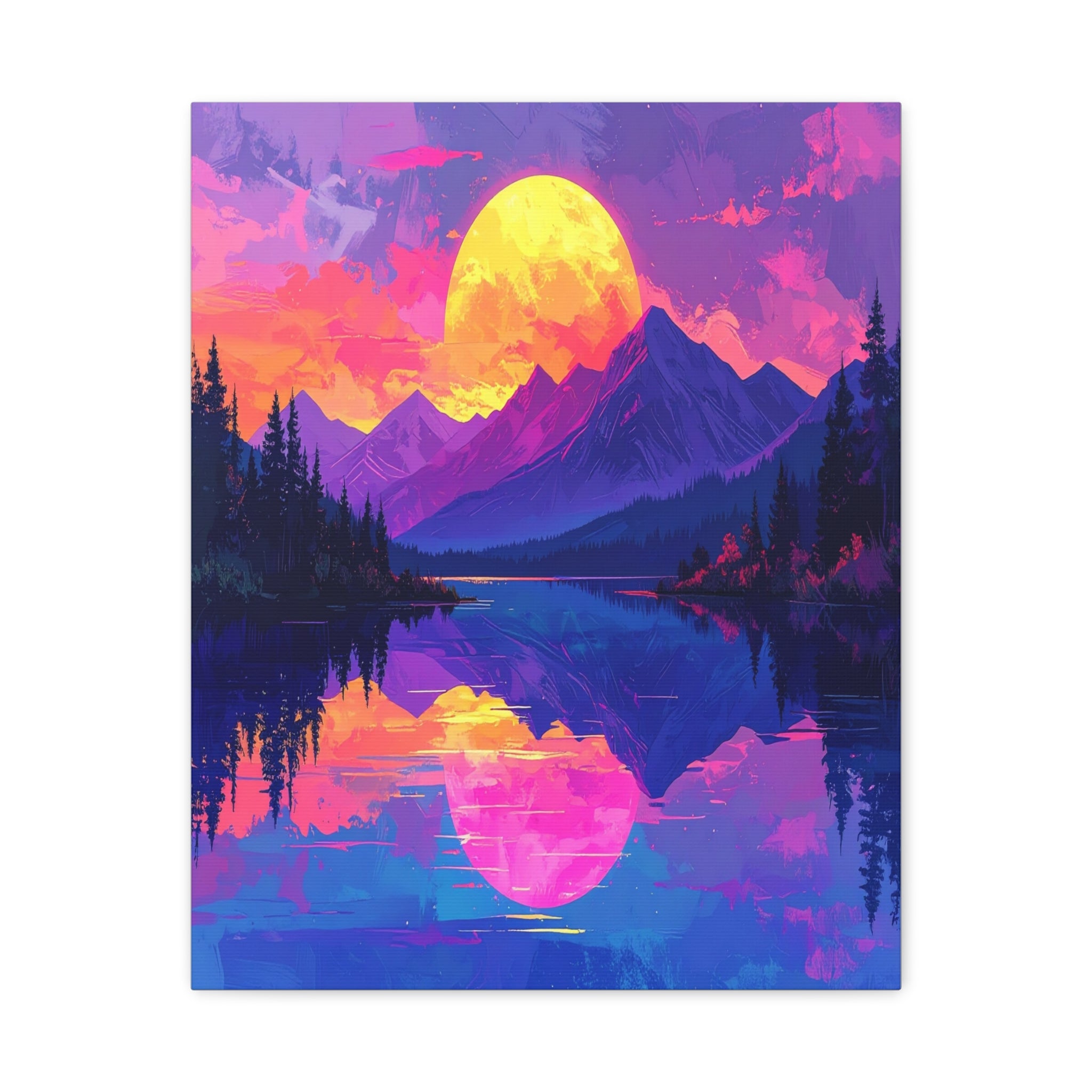 Twilight Symmetry: Neon Mountain Landscape, Vaporwave Digital Art - L’Art Suprême Canvas
