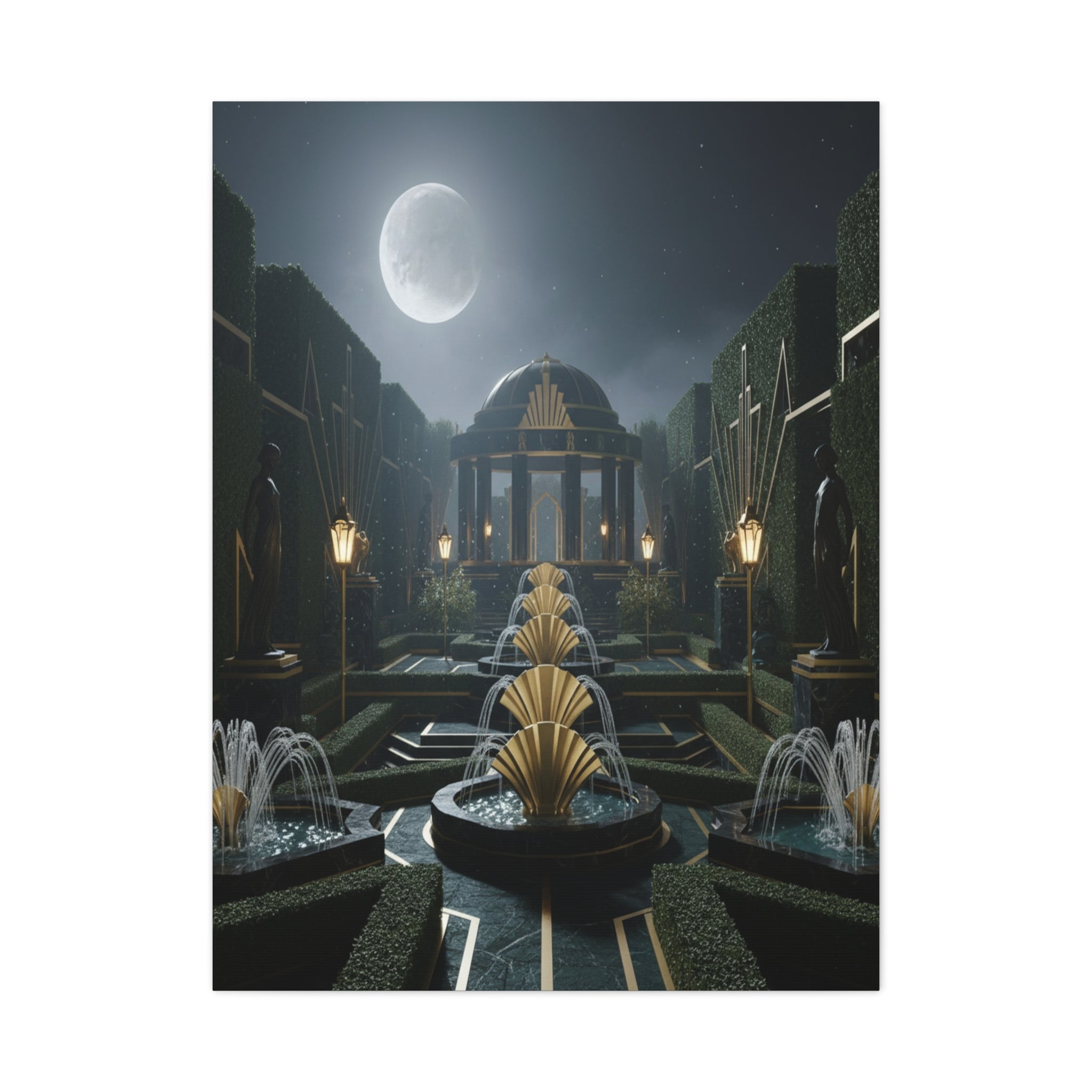 Nocturnal Pavilion: Art Deco Garden Symphony, Moonlit Architectural Dreamscape - L’Art Suprême Canvas