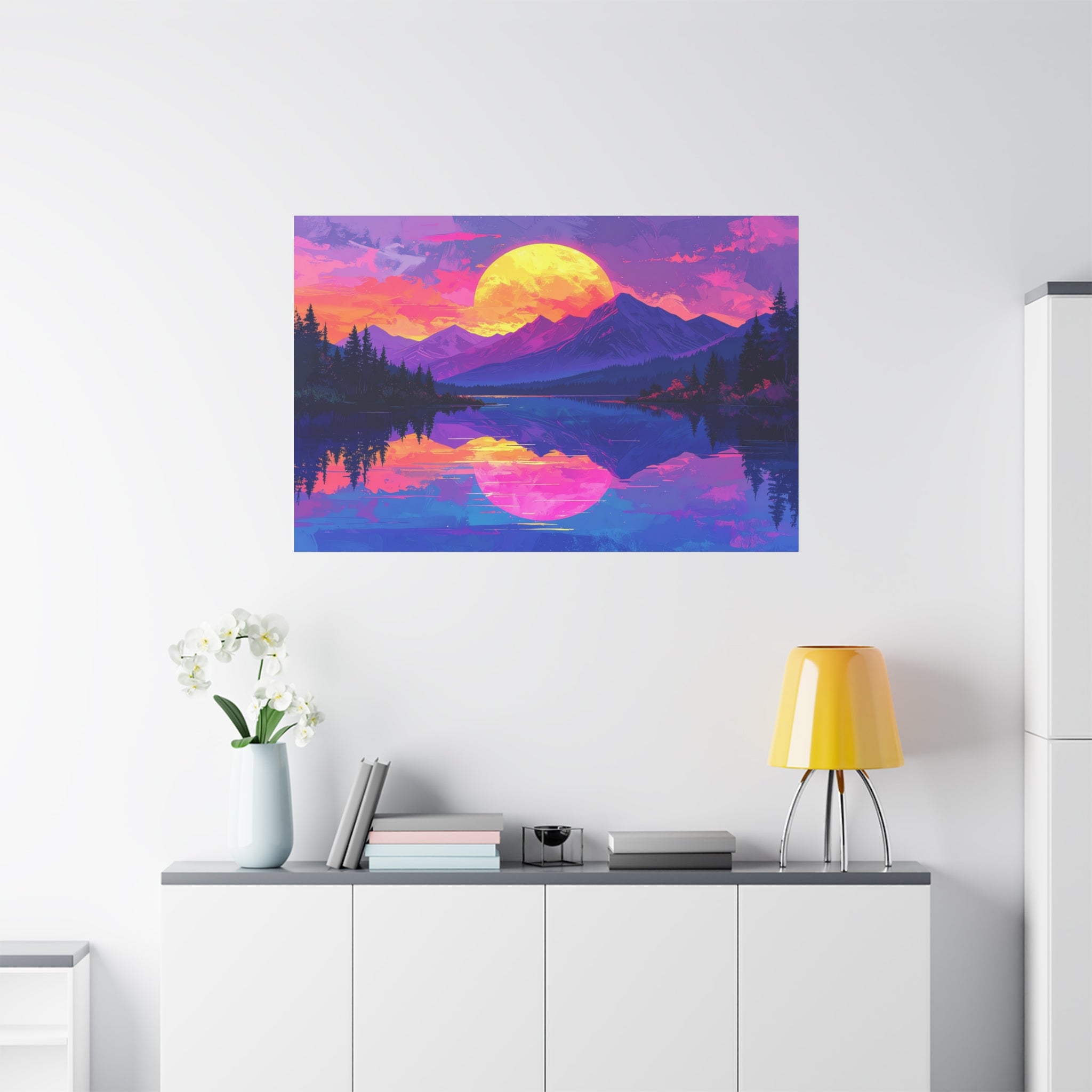 Twilight Symmetry: Neon Mountain Landscape, Vaporwave Digital Art - L’Art Suprême Canvas