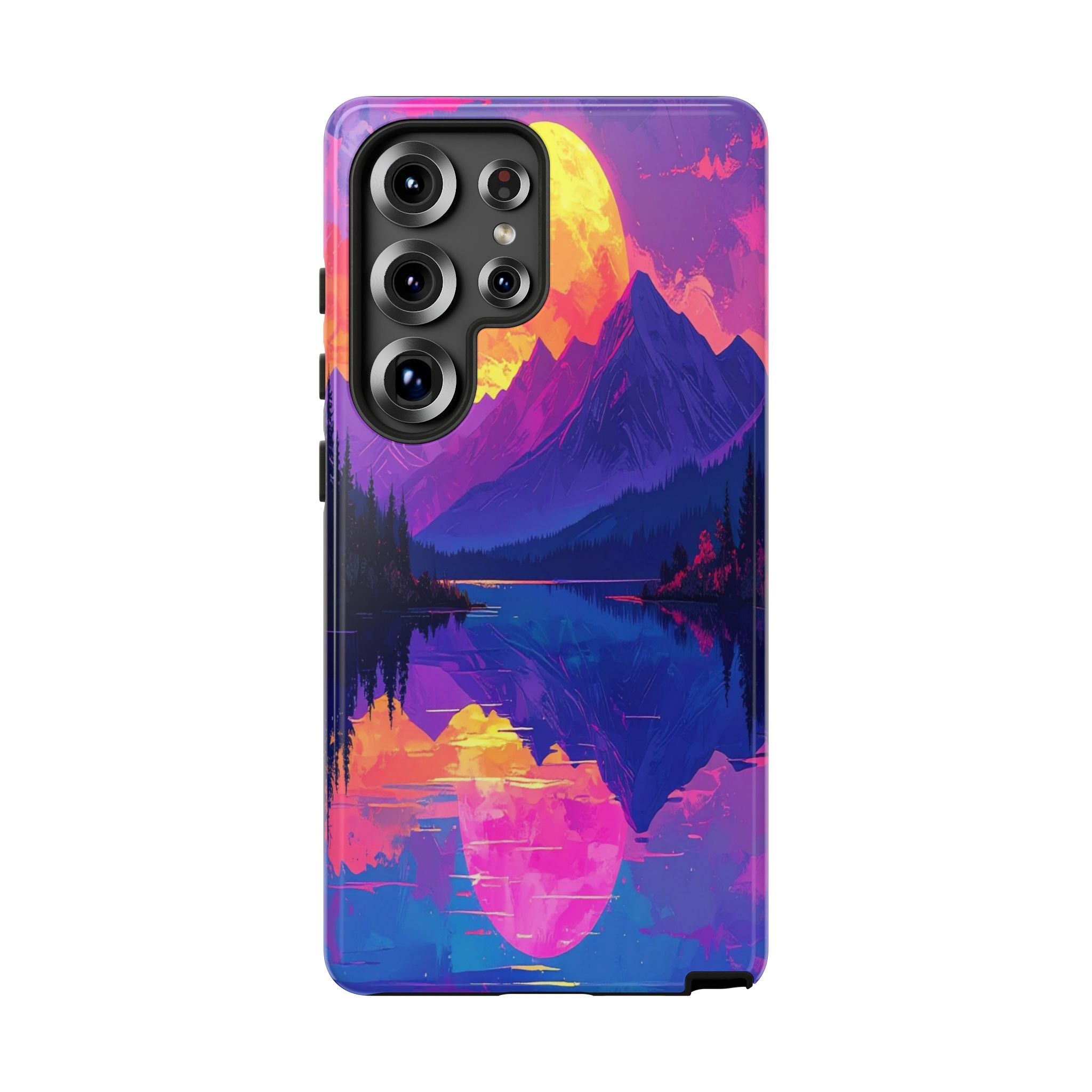 Twilight's Reflective Embrace: Mountain Synthwave Landscape, Digital Sunset Panorama - L’Art Suprême Phone Case