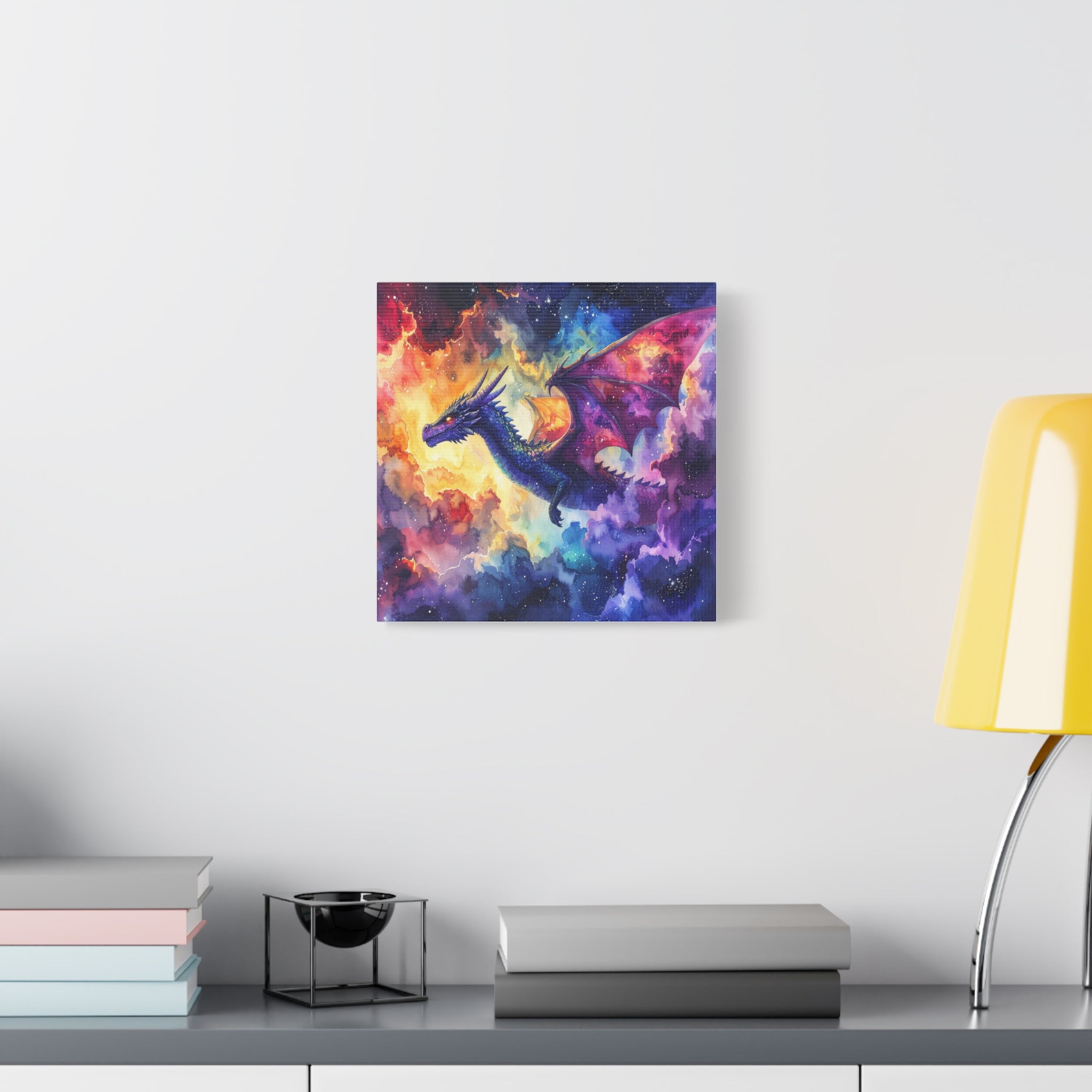 Cosmic Dragons' Ascent: Ethereal Watercolor Fantasy, Celestial Mythical Landscape - L’Art Suprême Canvas