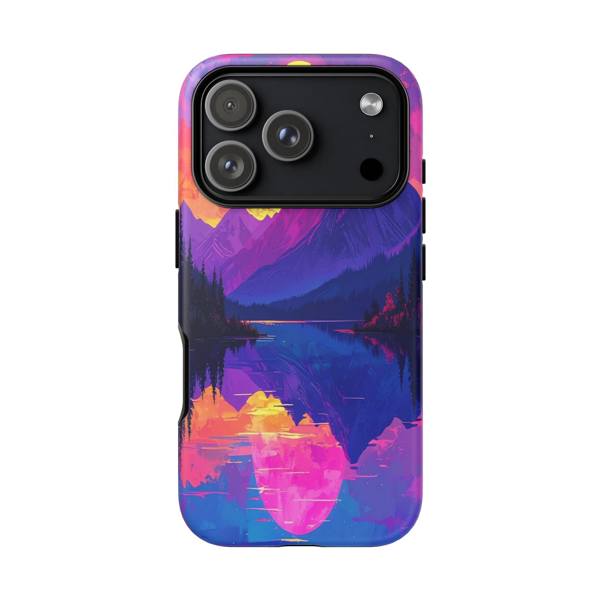 Twilight's Reflective Embrace: Mountain Synthwave Landscape, Digital Sunset Panorama - L’Art Suprême Phone Case