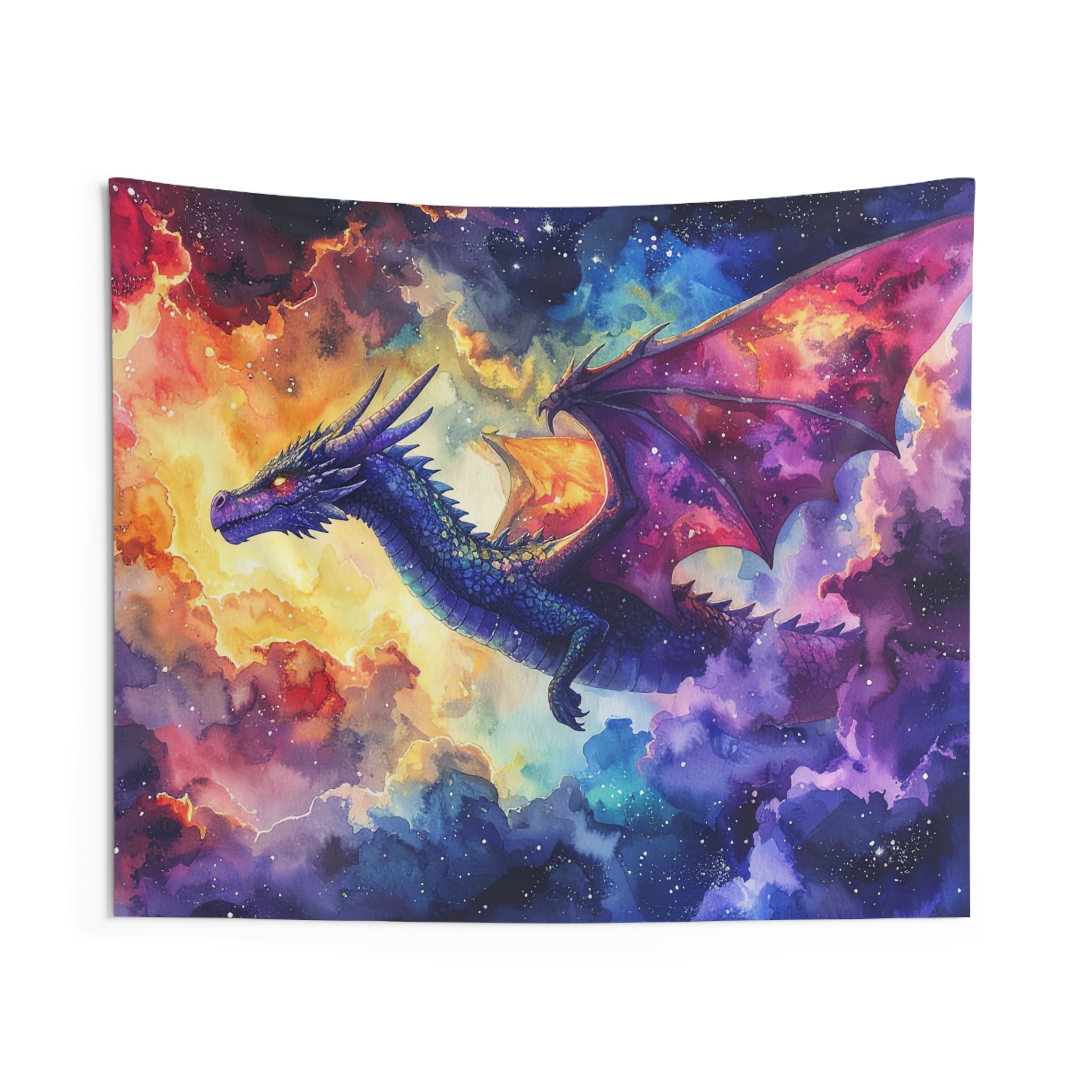 Celestial Dragonscape: Cosmic Fantasy Watercolor, Mythical Realm Panorama - L'Art Tapestry