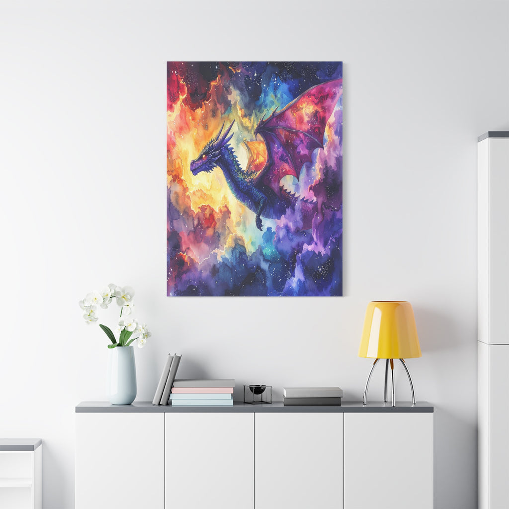 Cosmic Dragons' Ascent: Ethereal Watercolor Fantasy, Celestial Mythical Landscape - L’Art Suprême Canvas