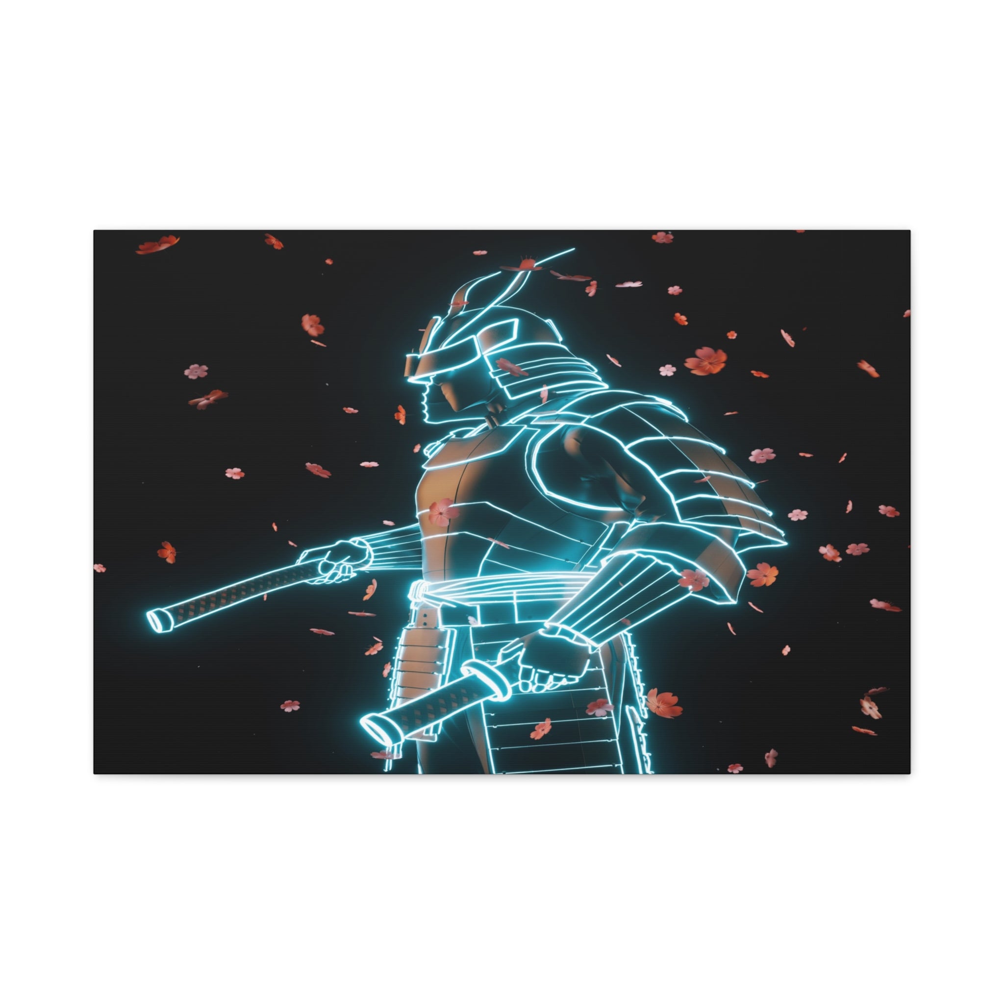 Neon Samurai: Digital Warrior, Cyberpunk Fusion, Glowing Wireframe Armor - L’Art Suprême Canvas