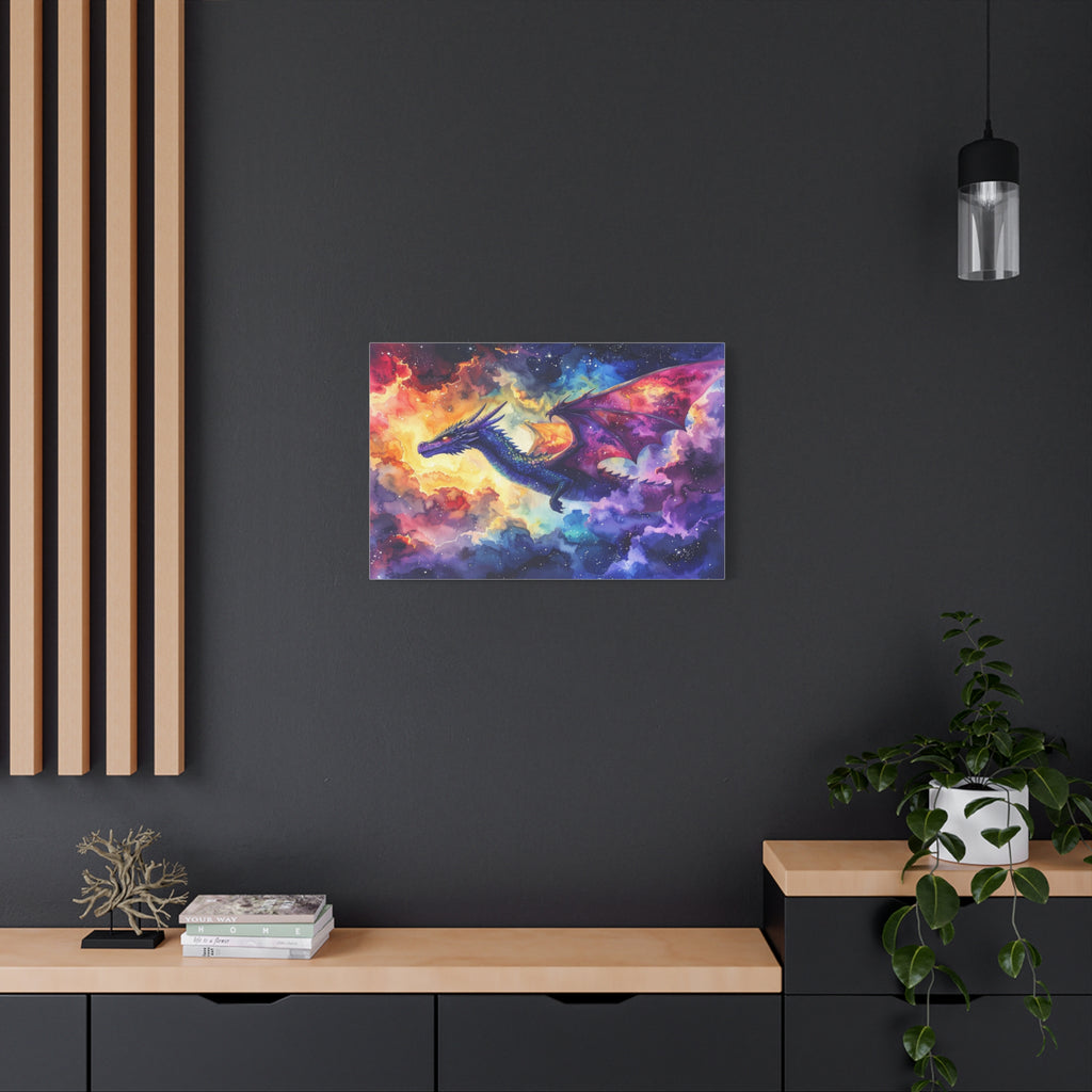 Cosmic Dragons' Ascent: Ethereal Watercolor Fantasy, Celestial Mythical Landscape - L’Art Suprême Canvas