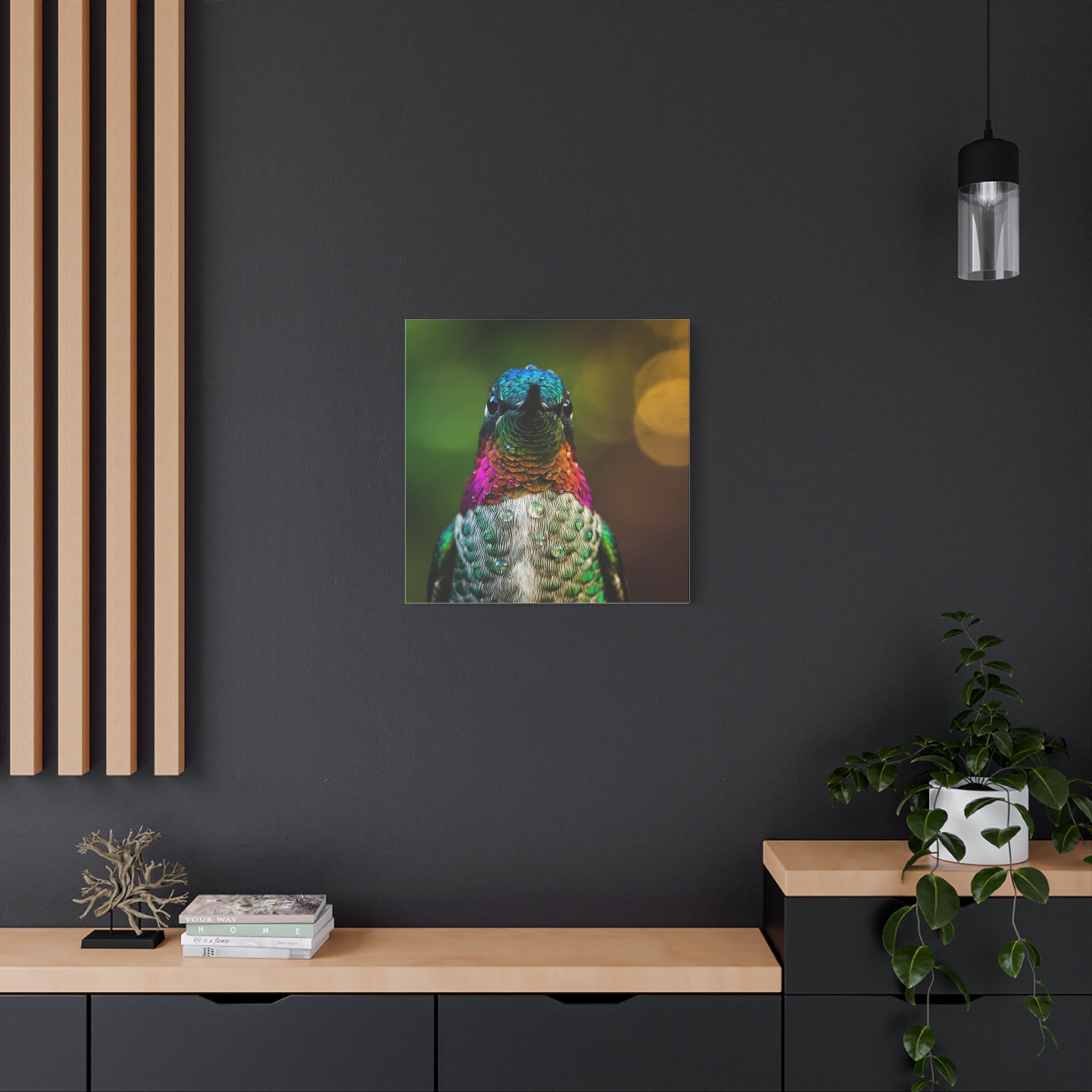 Iridescent Whispers: Hummingbird in Vibrant Plumage, Close-Up Nature Photography - L’Art Suprême Canvas