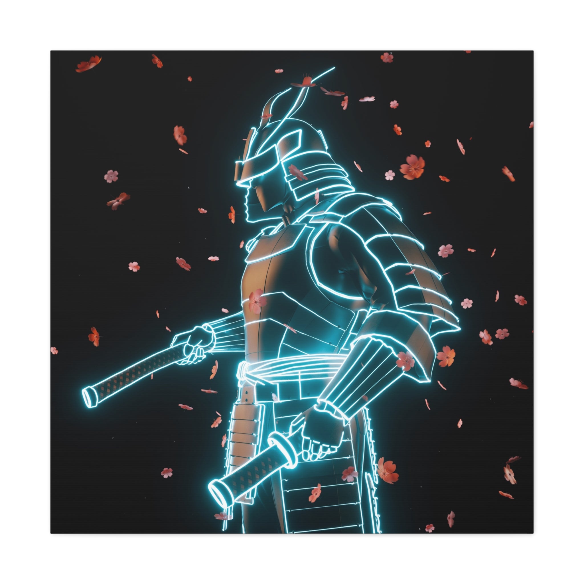 Neon Samurai: Digital Warrior, Cyberpunk Fusion, Glowing Wireframe Armor - L’Art Suprême Canvas