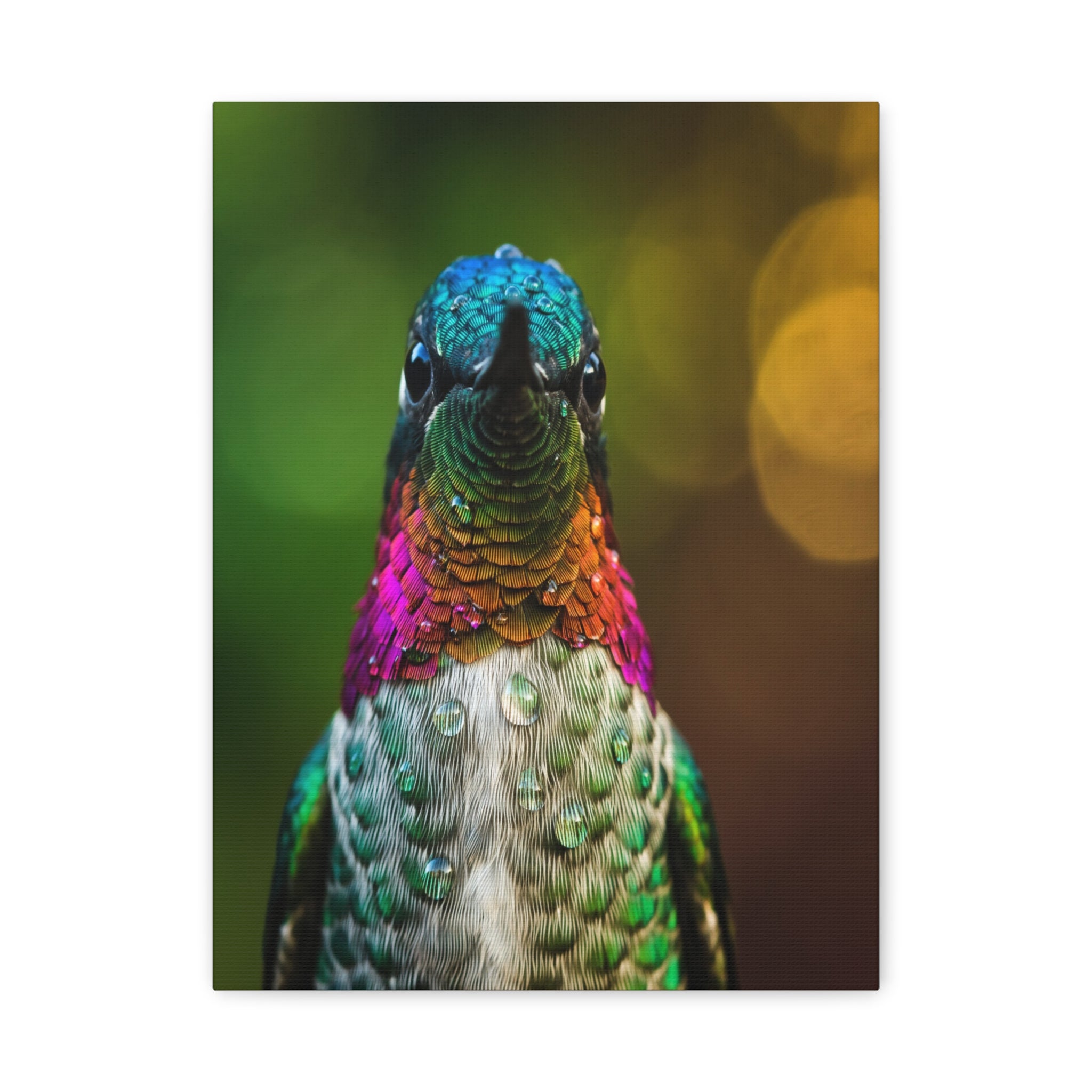 Iridescent Whispers: Hummingbird in Vibrant Plumage, Close-Up Nature Photography - L’Art Suprême Canvas