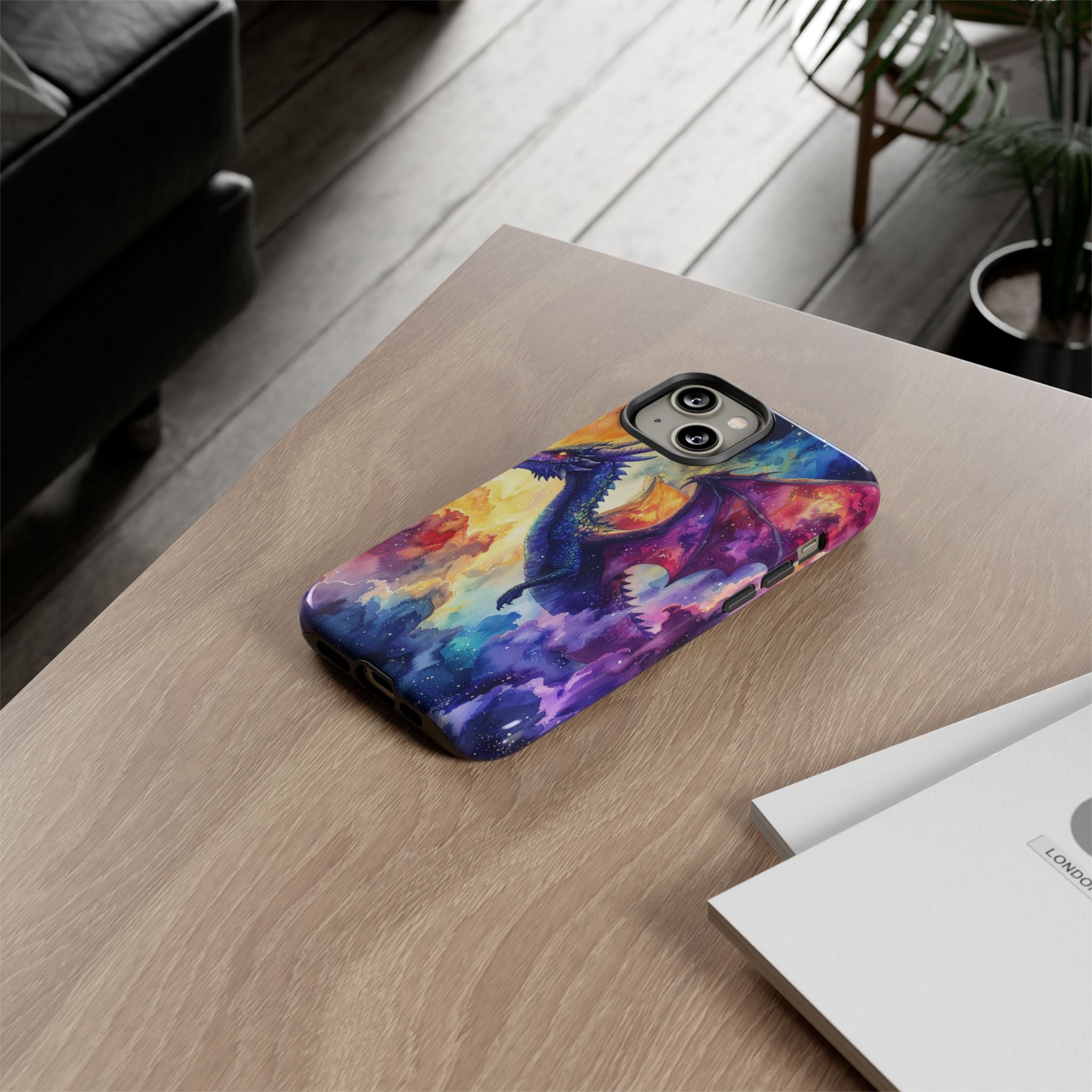 Celestial Dragons' Ascent: Watercolor Fantasy Artwork, Cosmic Nebula Landscape - L’Art Suprême Phone Case