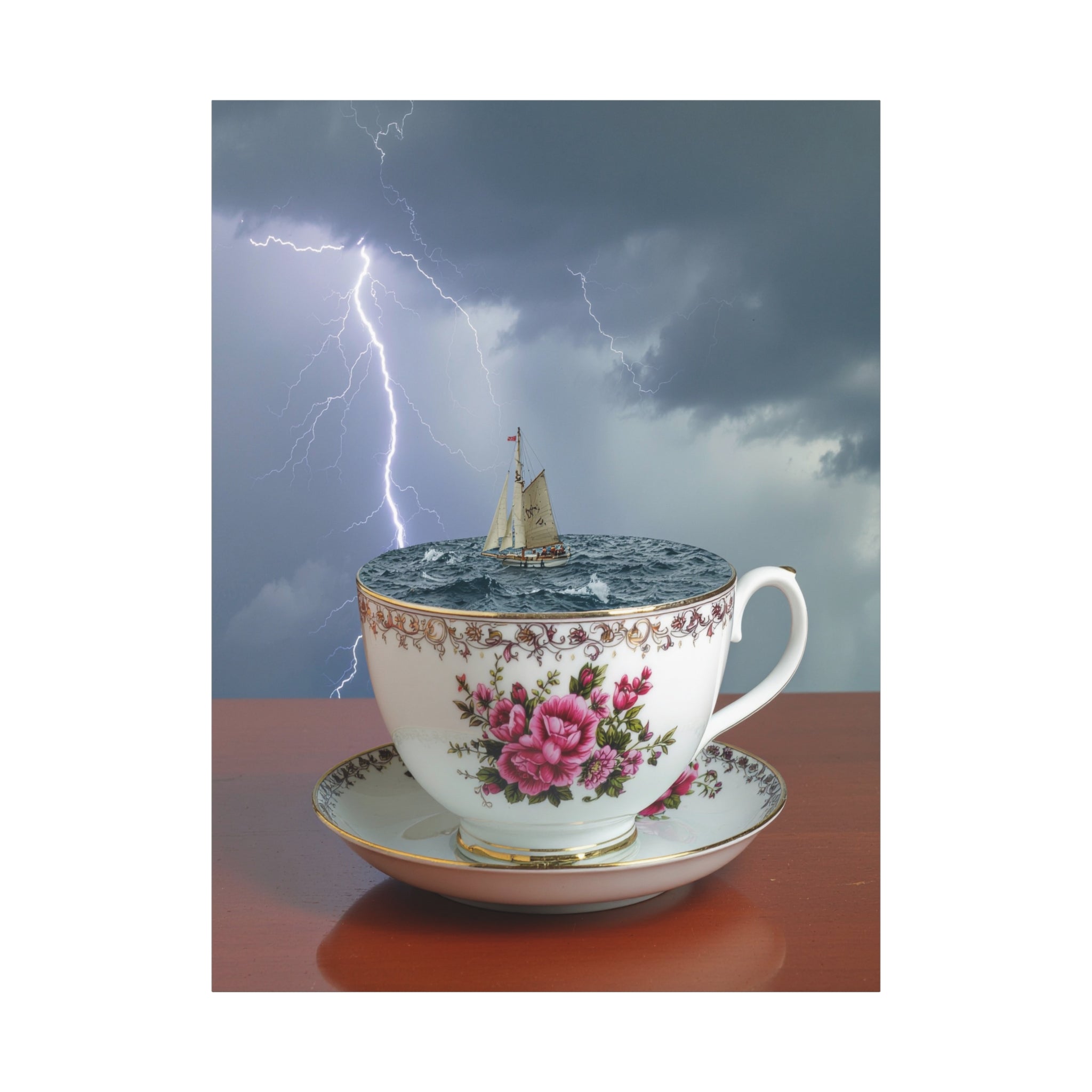 Tempest in a Teacup: Surreal Maritime Digital Art, Porcelain Seascape Narrative - L’Art Suprême Canvas