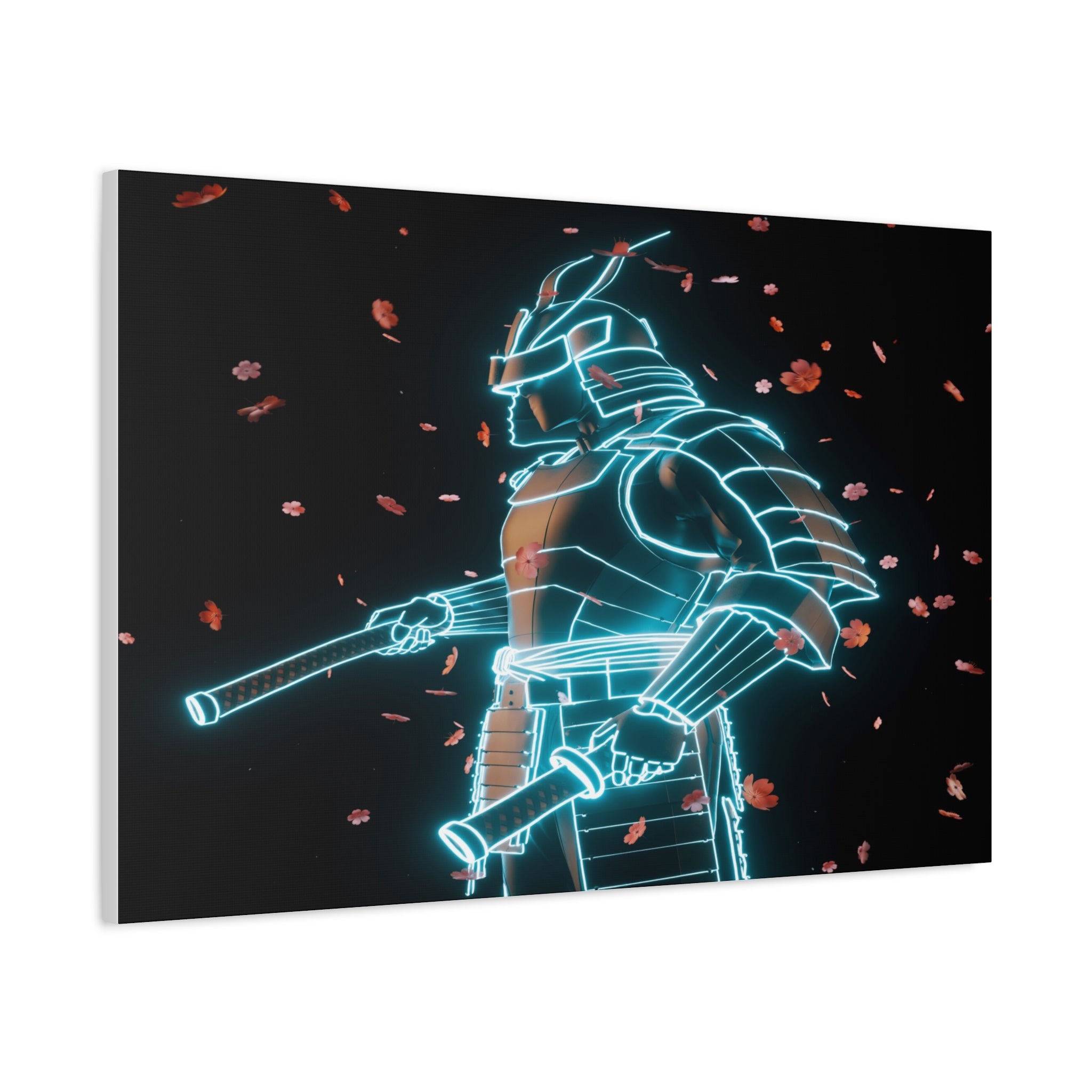 Neon Samurai: Digital Warrior, Cyberpunk Fusion, Glowing Wireframe Armor - L’Art Suprême Canvas
