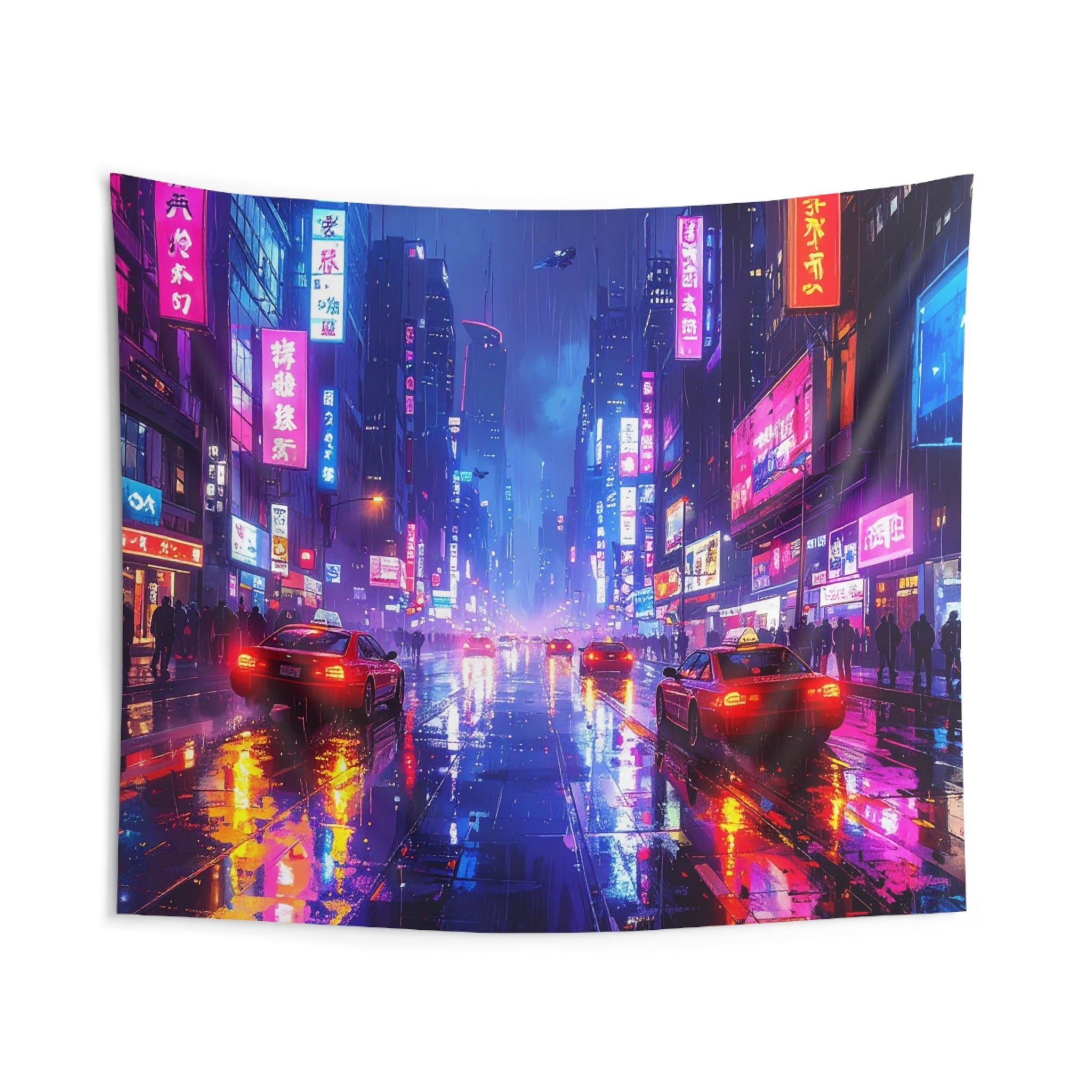 Neon Metropolis: Cyberpunk Urban Landscape, Rain-Soaked Night Scene - L'Art Tapestry