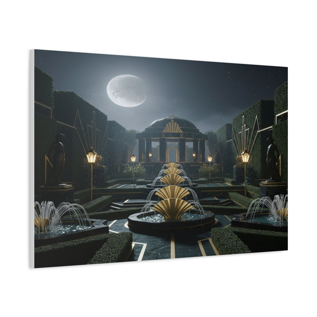 Nocturnal Pavilion: Art Deco Garden Symphony, Moonlit Architectural Dreamscape - L’Art Suprême Canvas