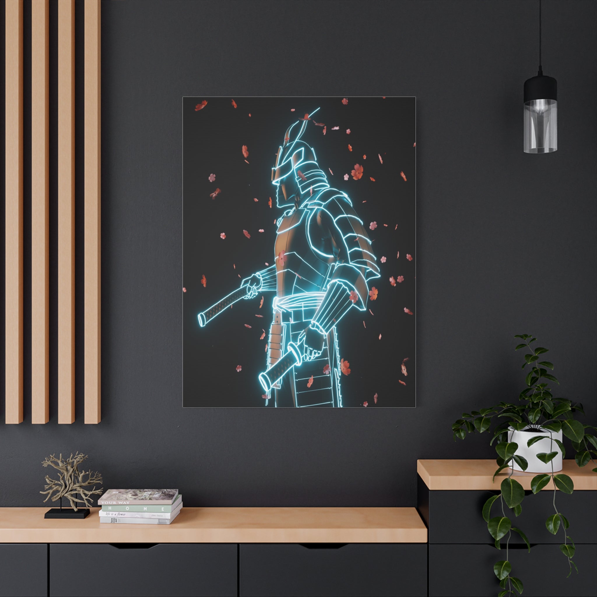 Neon Samurai: Digital Warrior, Cyberpunk Fusion, Glowing Wireframe Armor - L’Art Suprême Canvas