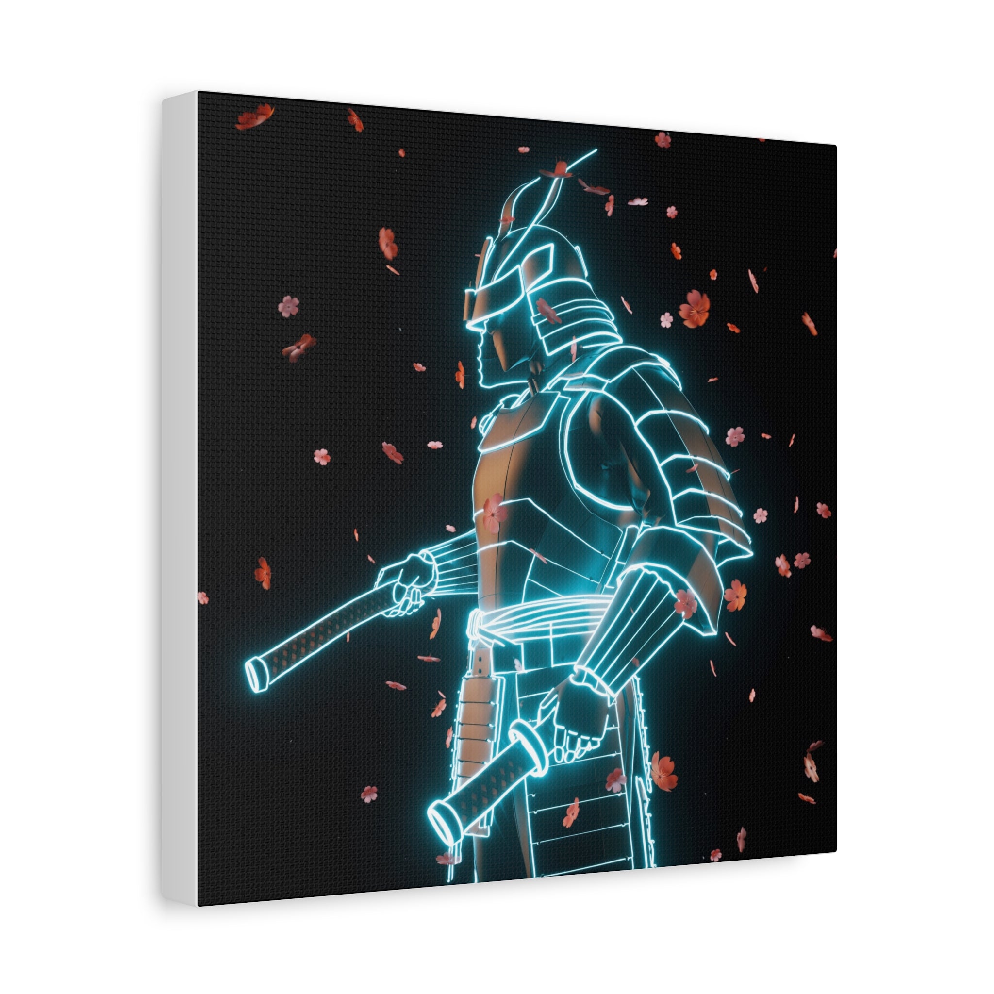 Neon Samurai: Digital Warrior, Cyberpunk Fusion, Glowing Wireframe Armor - L’Art Suprême Canvas