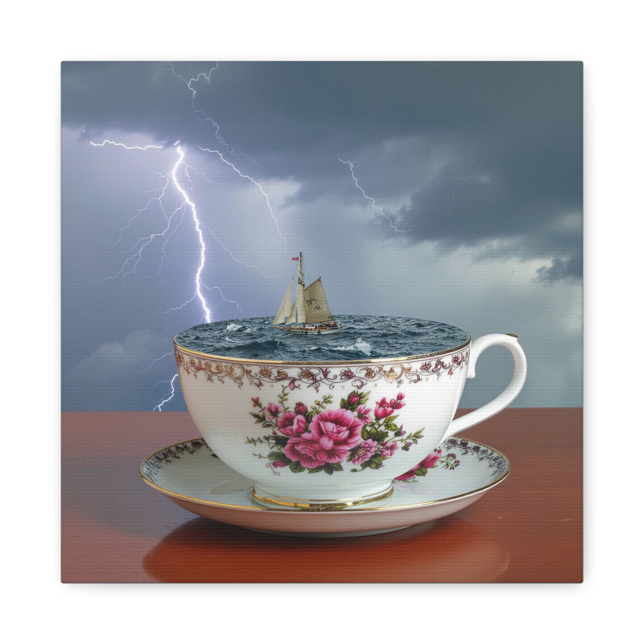 Tempest in a Teacup: Surreal Maritime Digital Art, Porcelain Seascape Narrative - L’Art Suprême Canvas