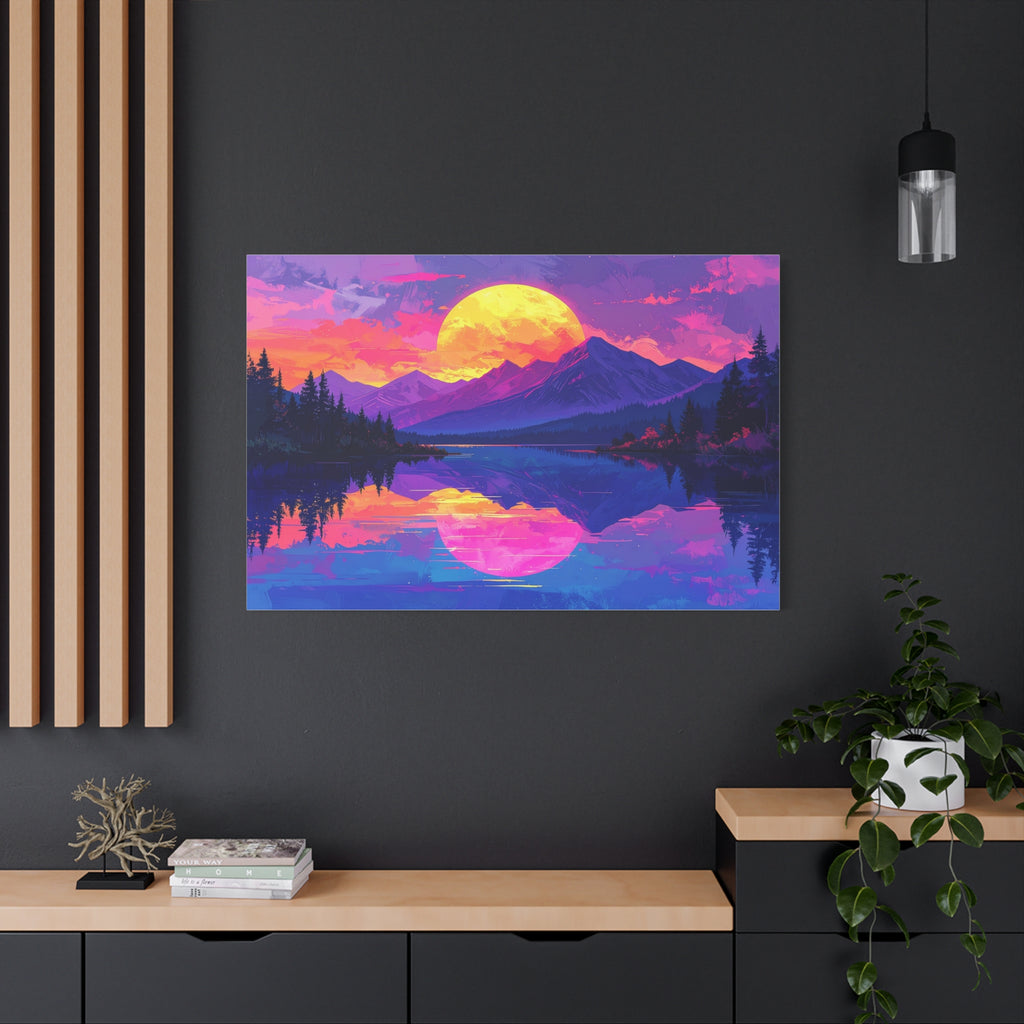 Twilight Symmetry: Neon Mountain Landscape, Vaporwave Digital Art - L’Art Suprême Canvas