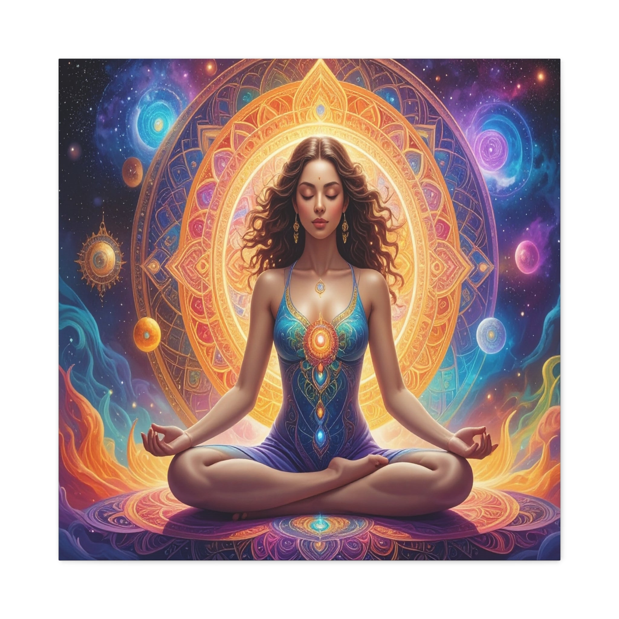 Cosmic Lotus Meditation: Spiritual Energy Mandala, Digital Celestial Art - L’Art Suprême Canvas