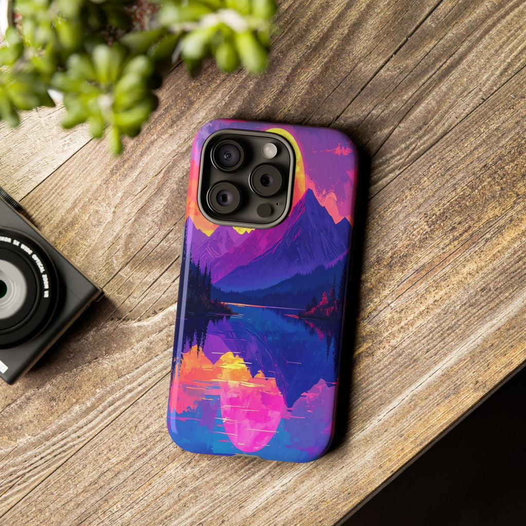 Twilight's Reflective Embrace: Mountain Synthwave Landscape, Digital Sunset Panorama - L’Art Suprême Phone Case