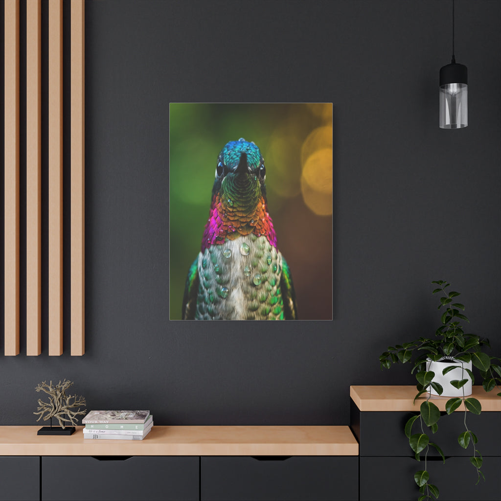 Iridescent Whispers: Hummingbird in Vibrant Plumage, Close-Up Nature Photography - L’Art Suprême Canvas