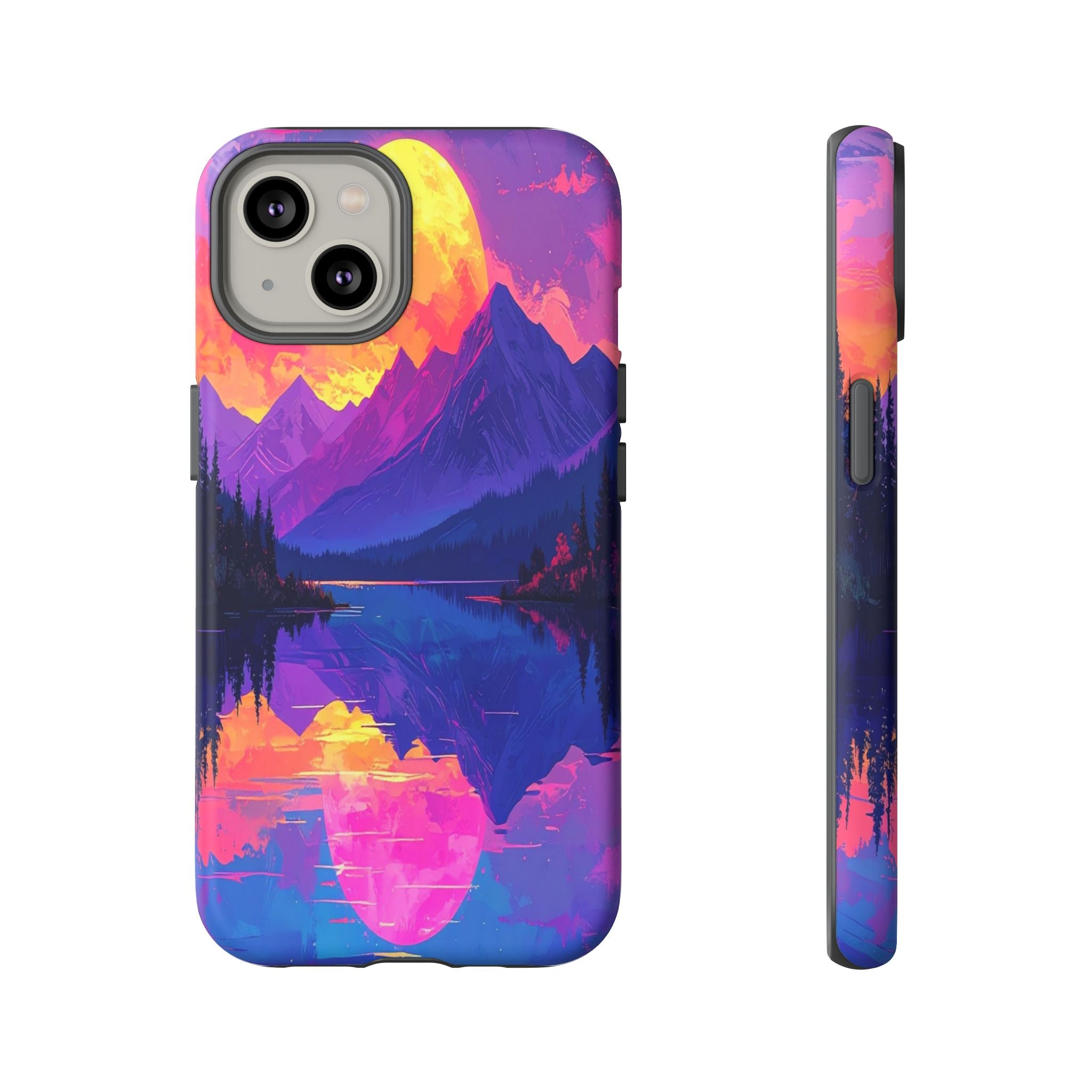 Twilight's Reflective Embrace: Mountain Synthwave Landscape, Digital Sunset Panorama - L’Art Suprême Phone Case