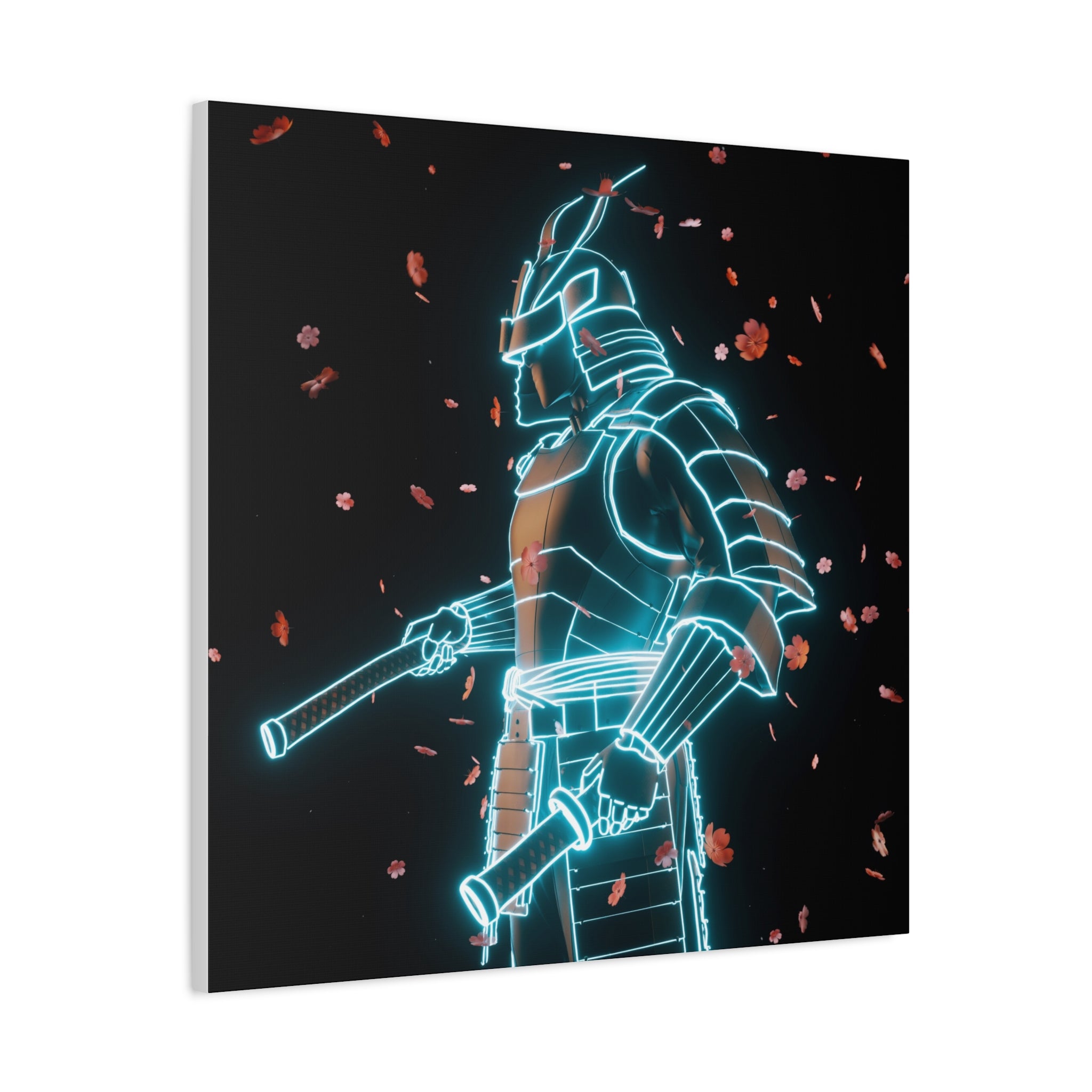 Neon Samurai: Digital Warrior, Cyberpunk Fusion, Glowing Wireframe Armor - L’Art Suprême Canvas