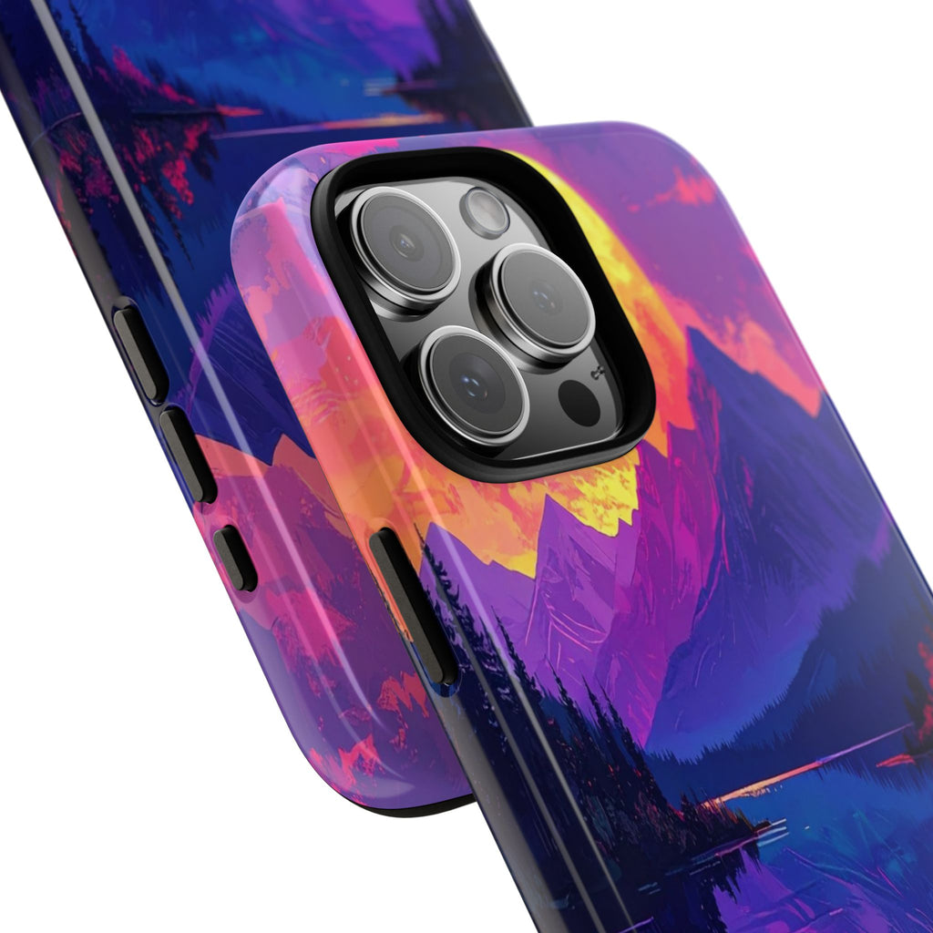 Twilight's Reflective Embrace: Mountain Synthwave Landscape, Digital Sunset Panorama - L’Art Suprême Phone Case