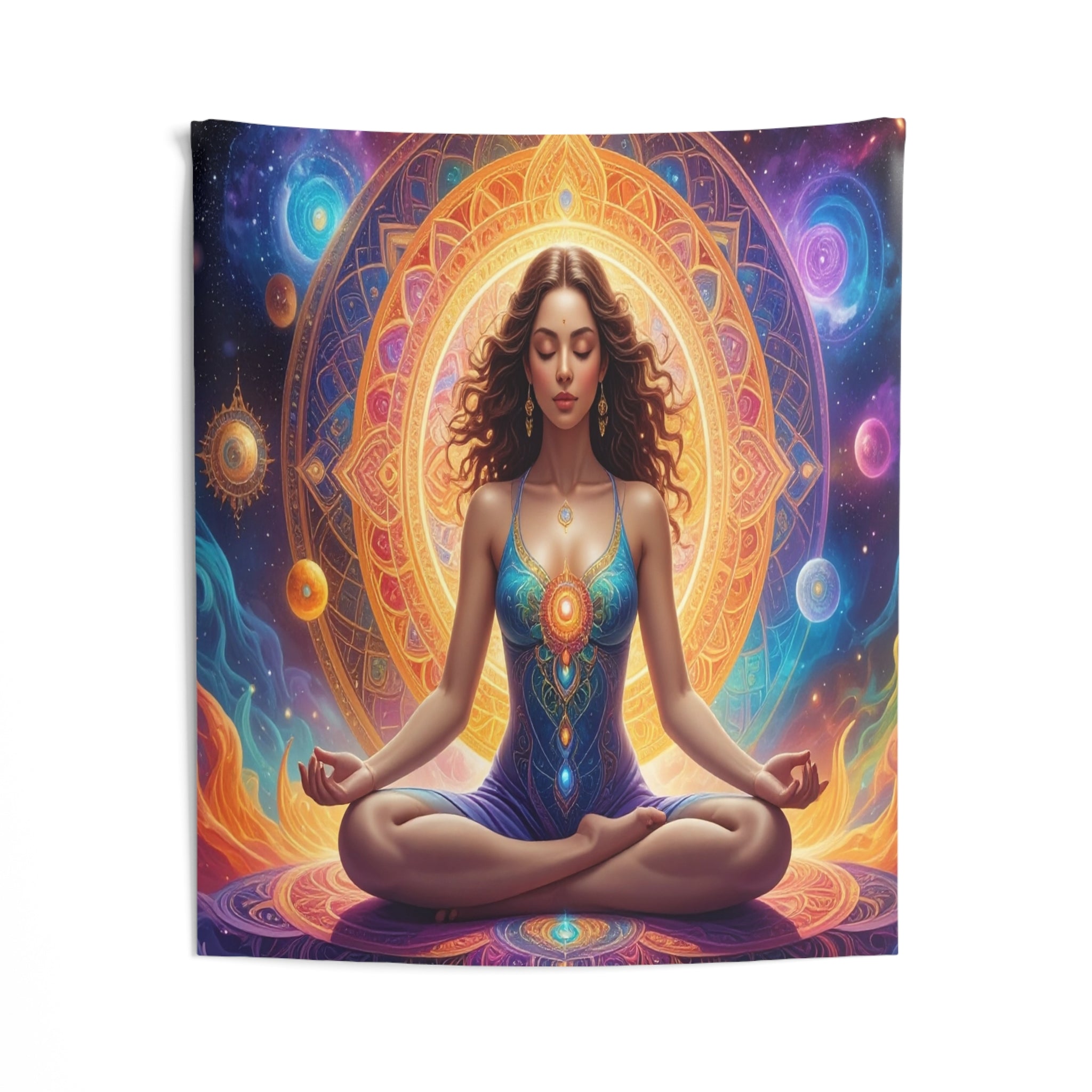 Cosmic Meditation: Ethereal Chakra Mandala, Spiritual Digital Art Transformation - L'Art Tapestry