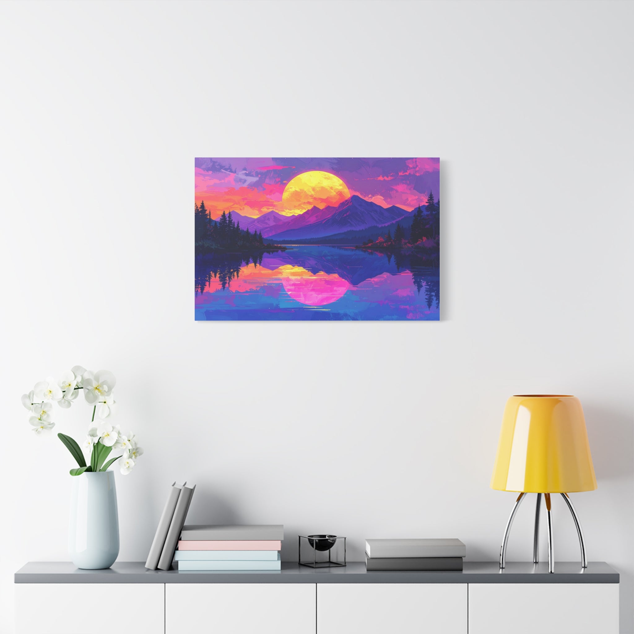 Twilight Symmetry: Neon Mountain Landscape, Vaporwave Digital Art - L’Art Suprême Canvas