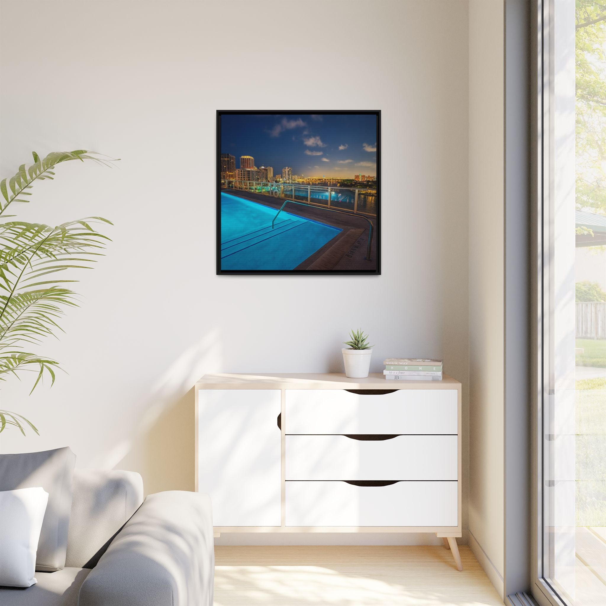 "Skyline Reflections" – Framed Canvas Print
