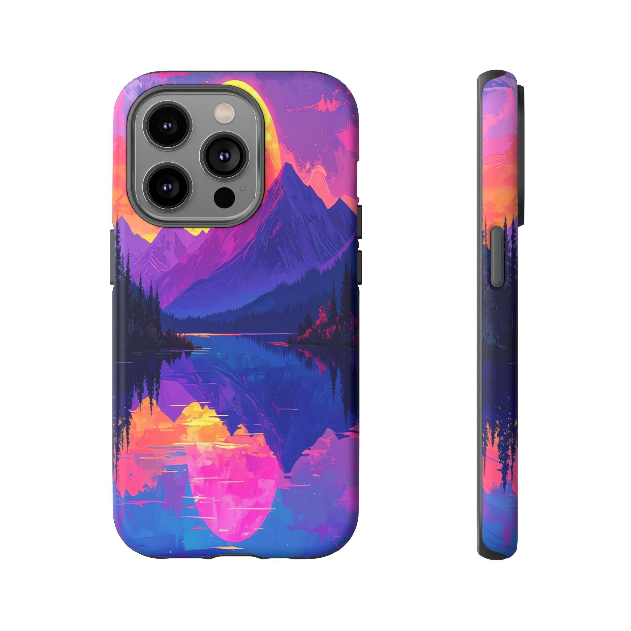 Twilight's Reflective Embrace: Mountain Synthwave Landscape, Digital Sunset Panorama - L’Art Suprême Phone Case