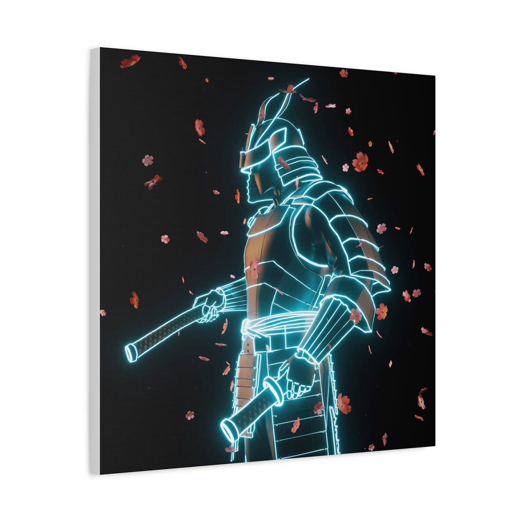 Neon Samurai: Digital Warrior, Cyberpunk Fusion, Glowing Wireframe Armor - L’Art Suprême Canvas
