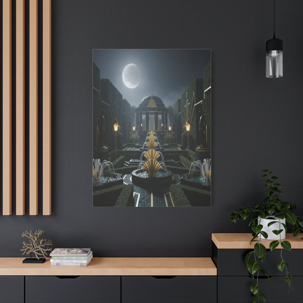 Nocturnal Pavilion: Art Deco Garden Symphony, Moonlit Architectural Dreamscape - L’Art Suprême Canvas
