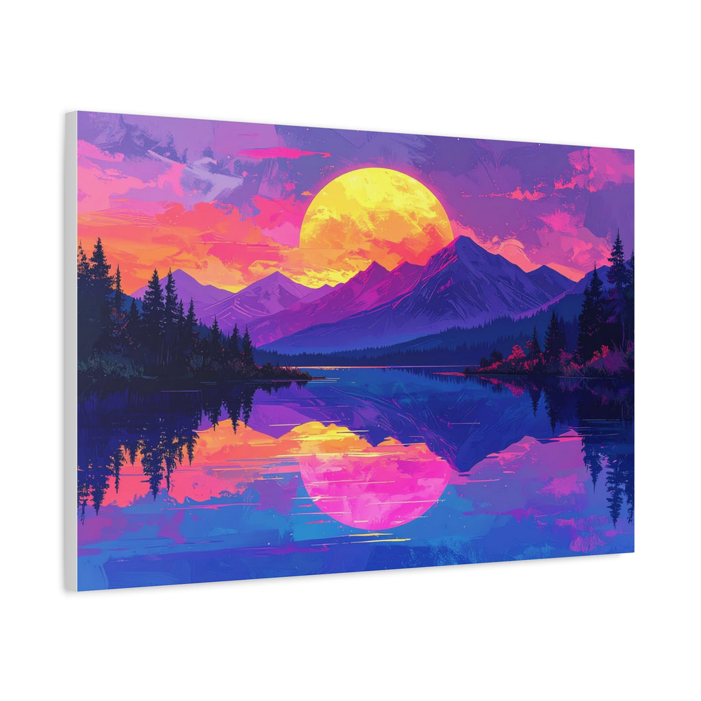 Twilight Symmetry: Neon Mountain Landscape, Vaporwave Digital Art - L’Art Suprême Canvas